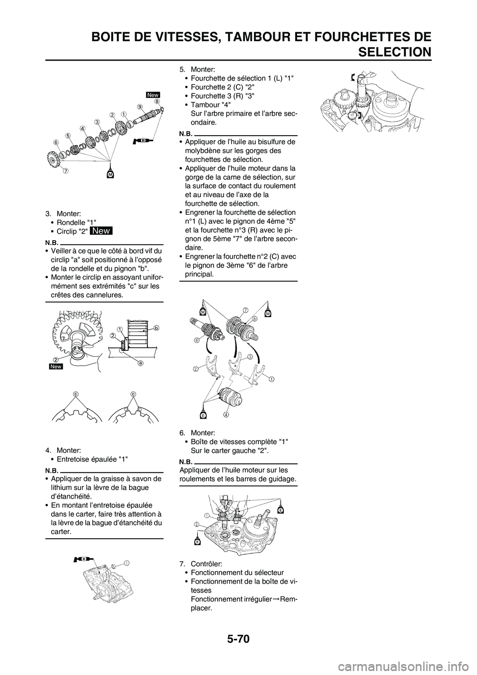YAMAHA WR 450F 2010 Notices Demploi (in French) 5-70
BOITE DE VITESSES, TAMBOUR ET FOURCHETTES DE
SELECTION
3. Monter:
• Rondelle "1"
• Circlip "2"
• Veiller à ce que le côté à bord vif du
circlip "a" soit positionné à l’opposé
de YAMAHA WR 450F 2010 Notices Demploi (in French) 5-70
BOITE DE VITESSES, TAMBOUR ET FOURCHETTES DE
SELECTION
3. Monter:
• Rondelle "1"
• Circlip "2"
• Veiller à ce que le côté à bord vif du
circlip "a" soit positionné à l’opposé
de