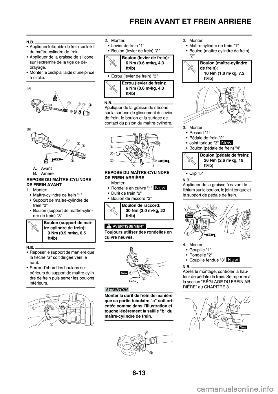 YAMAHA WR 450F 2010 Notices Demploi (in French) 6-13
FREIN AVANT ET FREIN ARRIERE
• Appliquer le liquide de frein sur le kit
de maître-cylindre de frein.
• Appliquer de la graisse de silicone
sur lextrémité de la tige de dé-
brayage.
• YAMAHA WR 450F 2010 Notices Demploi (in French) 6-13
FREIN AVANT ET FREIN ARRIERE
• Appliquer le liquide de frein sur le kit
de maître-cylindre de frein.
• Appliquer de la graisse de silicone
sur lextrémité de la tige de dé-
brayage.
•