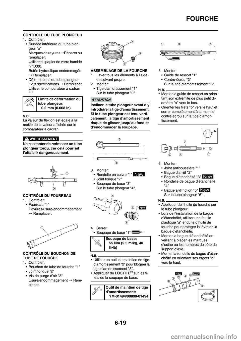 YAMAHA WR 450F 2010 Notices Demploi (in French) 6-19
FOURCHE
CONTRÔLE DU TUBE PLONGEUR
1. Contrôler:
• Surface intérieure du tube plon-
geur "a"
Marques de rayures→Réparer ou
remplacer.
Utiliser du papier de verre humide
n°1,000.
Butée YAMAHA WR 450F 2010 Notices Demploi (in French) 6-19
FOURCHE
CONTRÔLE DU TUBE PLONGEUR
1. Contrôler:
• Surface intérieure du tube plon-
geur "a"
Marques de rayures→Réparer ou
remplacer.
Utiliser du papier de verre humide
n°1,000.
Butée