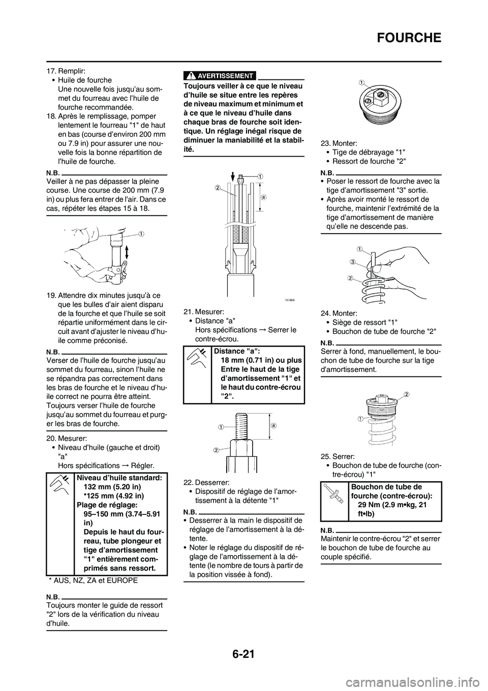 YAMAHA WR 450F 2010 Notices Demploi (in French) 6-21
FOURCHE
17. Remplir:
• Huile de fourche
Une nouvelle fois jusqu’au som-
met du fourreau avec l’huile de
fourche recommandée.
18. Après le remplissage, pomper
lentement le fourreau "1" d YAMAHA WR 450F 2010 Notices Demploi (in French) 6-21
FOURCHE
17. Remplir:
• Huile de fourche
Une nouvelle fois jusqu’au som-
met du fourreau avec l’huile de
fourche recommandée.
18. Après le remplissage, pomper
lentement le fourreau "1" d