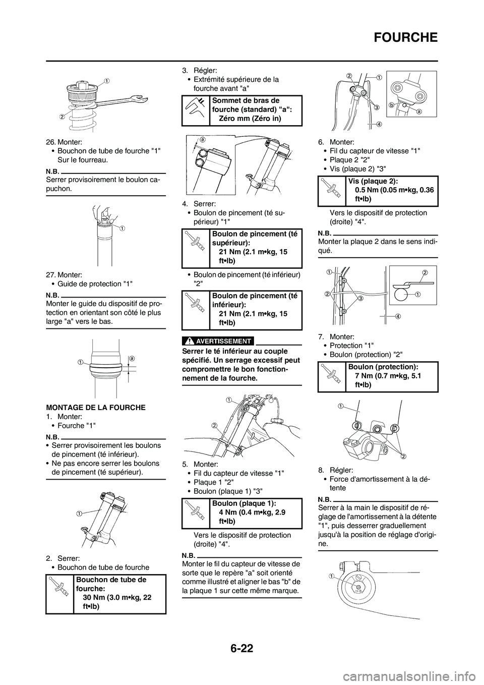 YAMAHA WR 450F 2010 Notices Demploi (in French) 6-22
FOURCHE
26. Monter:
• Bouchon de tube de fourche "1"
Sur le fourreau.
Serrer provisoirement le boulon ca-
puchon.
27. Monter:
• Guide de protection "1"
Monter le guide du dispositif de pro-
YAMAHA WR 450F 2010 Notices Demploi (in French) 6-22
FOURCHE
26. Monter:
• Bouchon de tube de fourche "1"
Sur le fourreau.
Serrer provisoirement le boulon ca-
puchon.
27. Monter:
• Guide de protection "1"
Monter le guide du dispositif de pro-