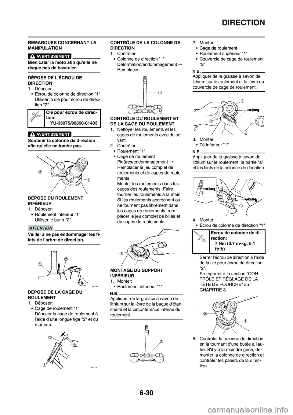 YAMAHA WR 450F 2010 Notices Demploi (in French) 6-30
DIRECTION
REMARQUES CONCERNANT LA
MANIPULATION
Bien caler la moto afin qu’elle ne
risque pas de basculer.
DÉPOSE DE LÉCROU DE
DIRECTION
1. Déposer:
• Ecrou de colonne de direction "1"
YAMAHA WR 450F 2010 Notices Demploi (in French) 6-30
DIRECTION
REMARQUES CONCERNANT LA
MANIPULATION
Bien caler la moto afin qu’elle ne
risque pas de basculer.
DÉPOSE DE LÉCROU DE
DIRECTION
1. Déposer:
• Ecrou de colonne de direction "1"