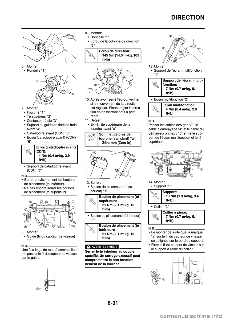 YAMAHA WR 450F 2010 Notices Demploi (in French) 6-31
DIRECTION
6. Monter:
• Rondelle "1"
7. Monter:
• Fourche "1"
• Té supérieur "2"
• Contacteur à clé "3"
• Support du guide de durit de frein
avant "4"
• Catadioptre avant (CDN) "5 YAMAHA WR 450F 2010 Notices Demploi (in French) 6-31
DIRECTION
6. Monter:
• Rondelle "1"
7. Monter:
• Fourche "1"
• Té supérieur "2"
• Contacteur à clé "3"
• Support du guide de durit de frein
avant "4"
• Catadioptre avant (CDN) "5