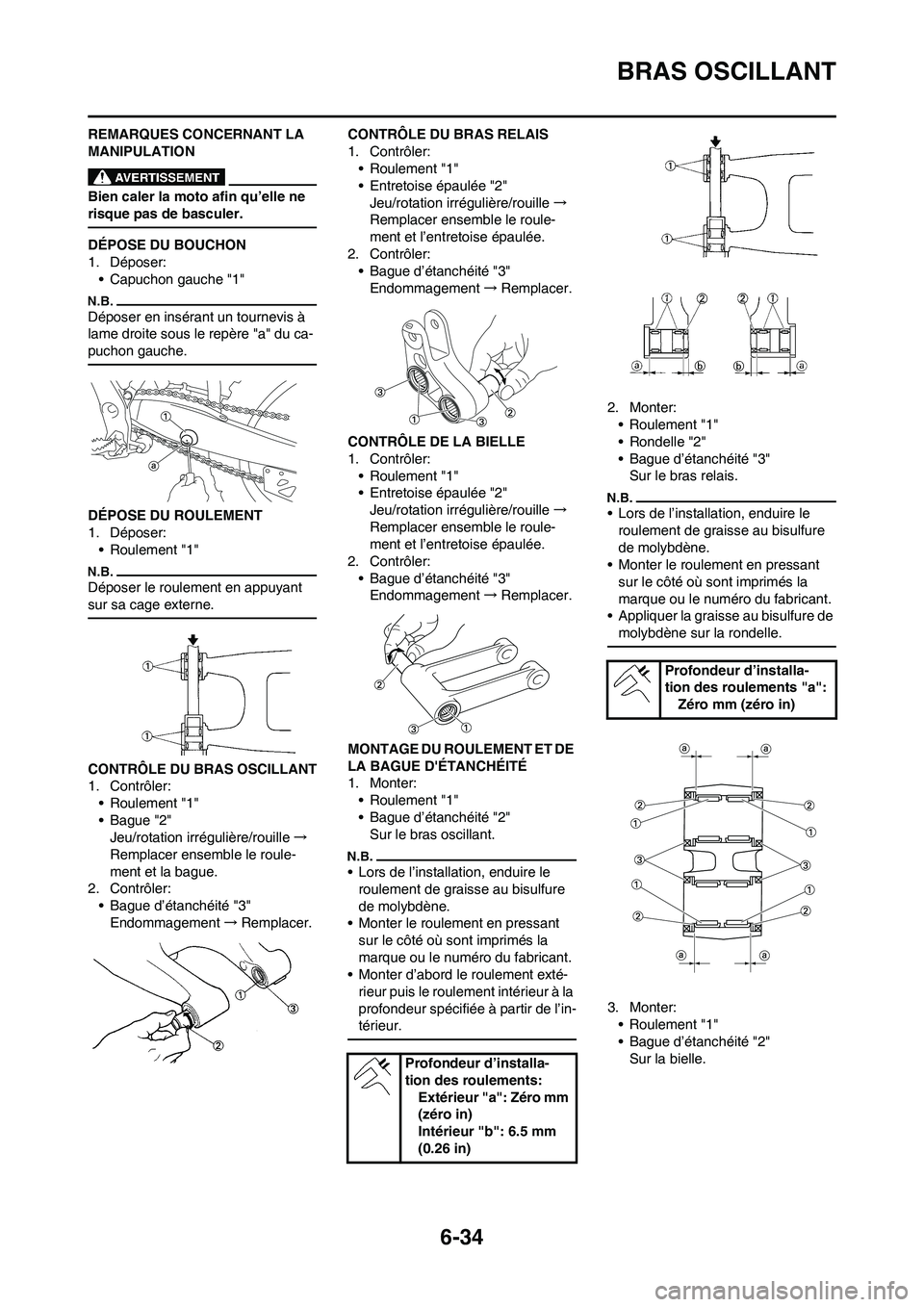 YAMAHA WR 450F 2010 Notices Demploi (in French) 6-34
BRAS OSCILLANT
REMARQUES CONCERNANT LA
MANIPULATION
Bien caler la moto afin qu’elle ne
risque pas de basculer.
DÉPOSE DU BOUCHON
1. Déposer:
• Capuchon gauche "1"
Déposer en insérant un YAMAHA WR 450F 2010 Notices Demploi (in French) 6-34
BRAS OSCILLANT
REMARQUES CONCERNANT LA
MANIPULATION
Bien caler la moto afin qu’elle ne
risque pas de basculer.
DÉPOSE DU BOUCHON
1. Déposer:
• Capuchon gauche "1"
Déposer en insérant un