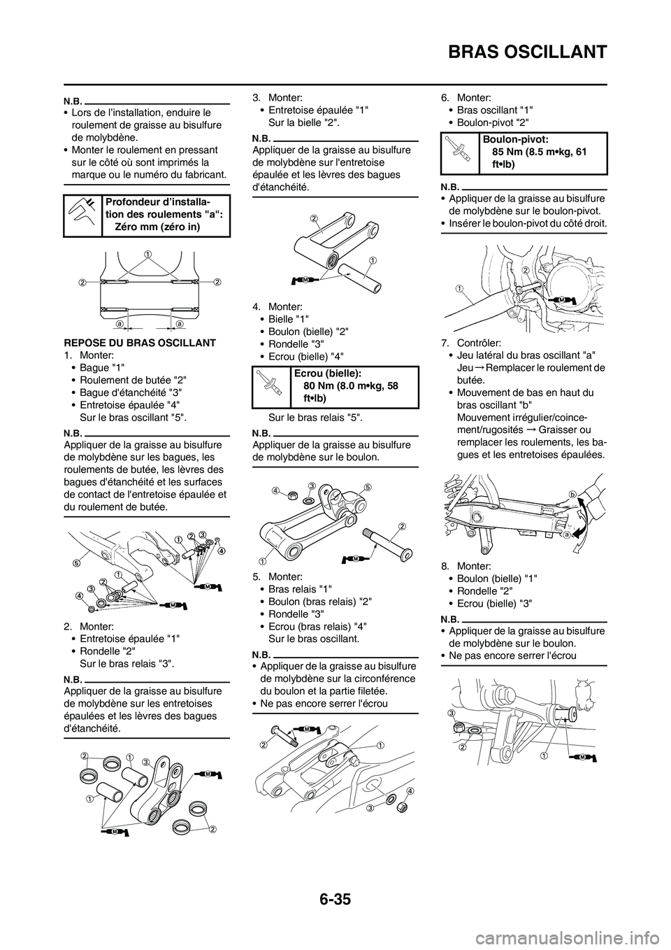 YAMAHA WR 450F 2010 Notices Demploi (in French) 6-35
BRAS OSCILLANT
• Lors de l’installation, enduire le
roulement de graisse au bisulfure
de molybdène.
• Monter le roulement en pressant
sur le côté où sont imprimés la
marque ou le n YAMAHA WR 450F 2010 Notices Demploi (in French) 6-35
BRAS OSCILLANT
• Lors de l’installation, enduire le
roulement de graisse au bisulfure
de molybdène.
• Monter le roulement en pressant
sur le côté où sont imprimés la
marque ou le n