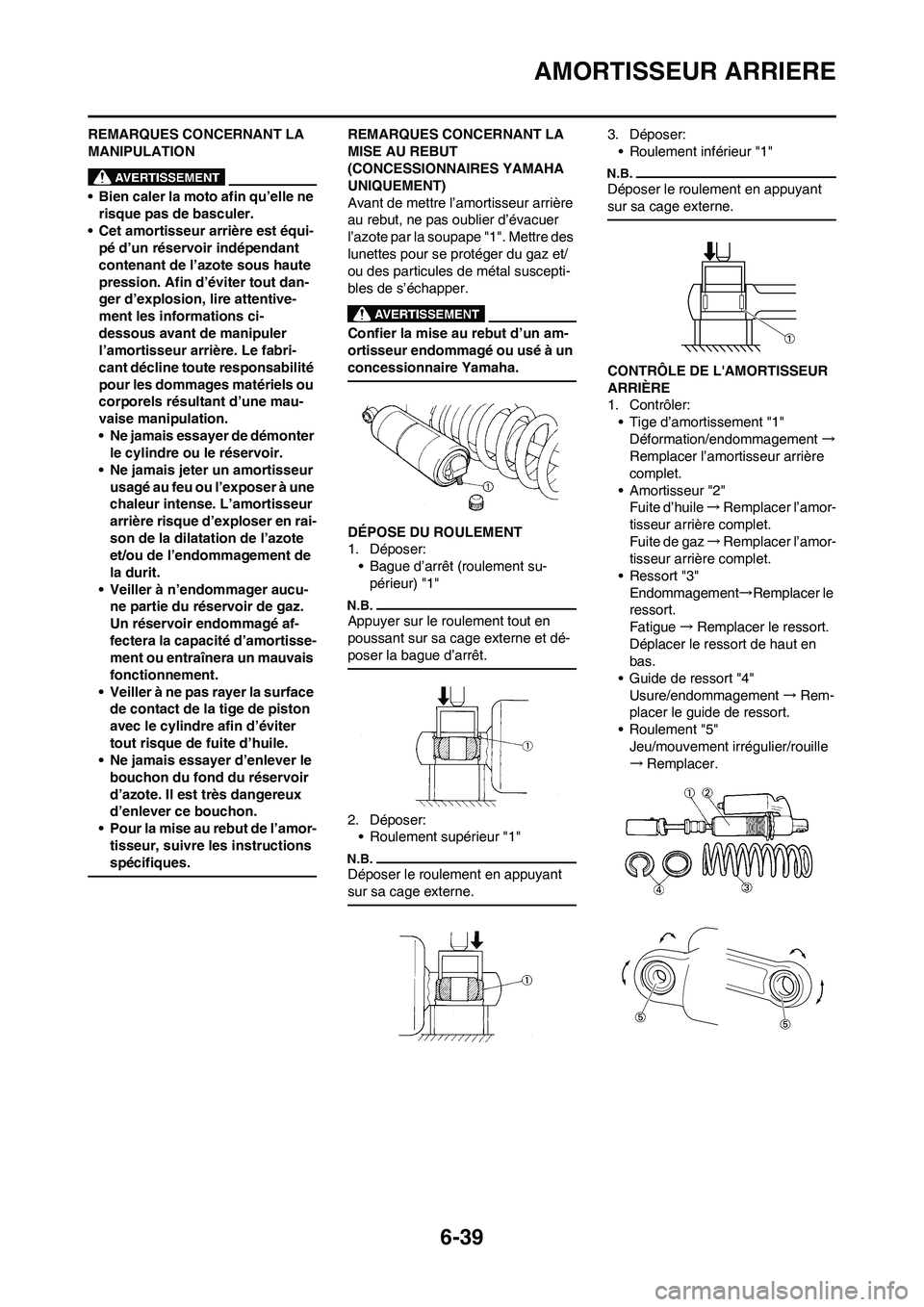 YAMAHA WR 450F 2010 Notices Demploi (in French) 6-39
AMORTISSEUR ARRIERE
REMARQUES CONCERNANT LA
MANIPULATION
• Bien caler la moto afin qu’elle ne
risque pas de basculer.
• Cet amortisseur arrière est équi-
pé d’un réservoir indépend YAMAHA WR 450F 2010 Notices Demploi (in French) 6-39
AMORTISSEUR ARRIERE
REMARQUES CONCERNANT LA
MANIPULATION
• Bien caler la moto afin qu’elle ne
risque pas de basculer.
• Cet amortisseur arrière est équi-
pé d’un réservoir indépend