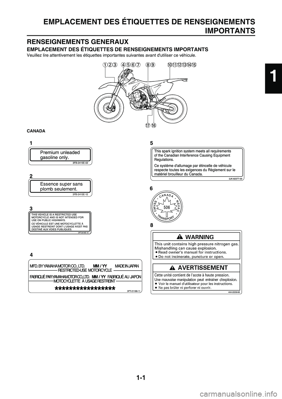 YAMAHA WR 450F 2010 Notices Demploi (in French)
1-1
EMPLACEMENT DES ÉTIQUETTES DE RENSEIGNEMENTSIMPORTANTS
RENSEIGNEMENTS GENERAUX
EMPLACEMENT DES ÉTIQUETTES DE RENSEIGNEMENTS IMPORTANTS
Veuillez lire attentivement les étiquettes importantes su YAMAHA WR 450F 2010 Notices Demploi (in French)
1-1
EMPLACEMENT DES ÉTIQUETTES DE RENSEIGNEMENTSIMPORTANTS
RENSEIGNEMENTS GENERAUX
EMPLACEMENT DES ÉTIQUETTES DE RENSEIGNEMENTS IMPORTANTS
Veuillez lire attentivement les étiquettes importantes su