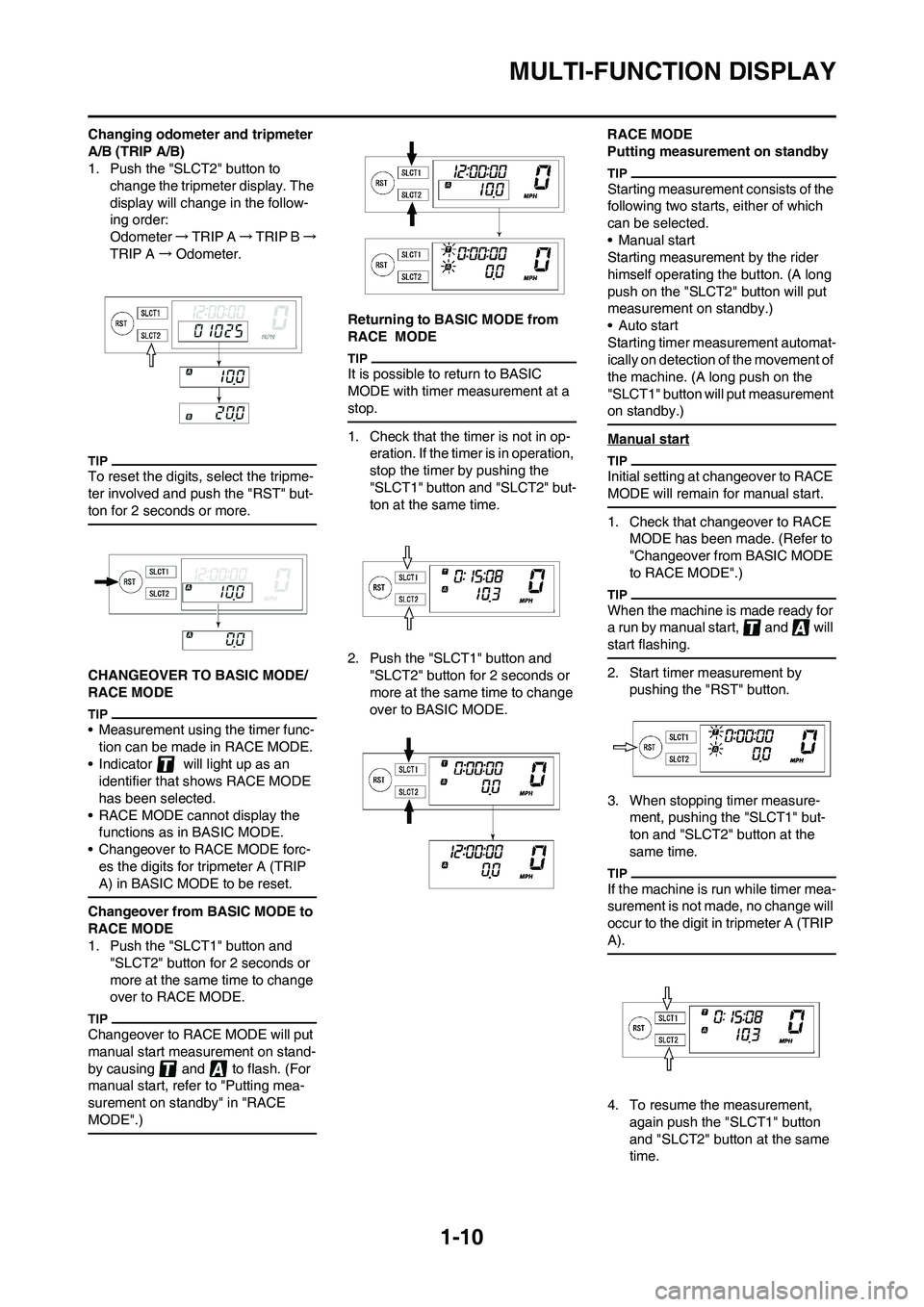 YAMAHA WR 450F 2009 Owners Manual 1-10
MULTI-FUNCTION DISPLAY
Changing odometer and tripmeter
A/B (TRIP A/B)
1. Push the "SLCT2" button to
change the tripmeter display. The
display will change in the follow-
ing order:
Odometer → YAMAHA WR 450F 2009 Owners Manual 1-10
MULTI-FUNCTION DISPLAY
Changing odometer and tripmeter
A/B (TRIP A/B)
1. Push the "SLCT2" button to
change the tripmeter display. The
display will change in the follow-
ing order:
Odometer →