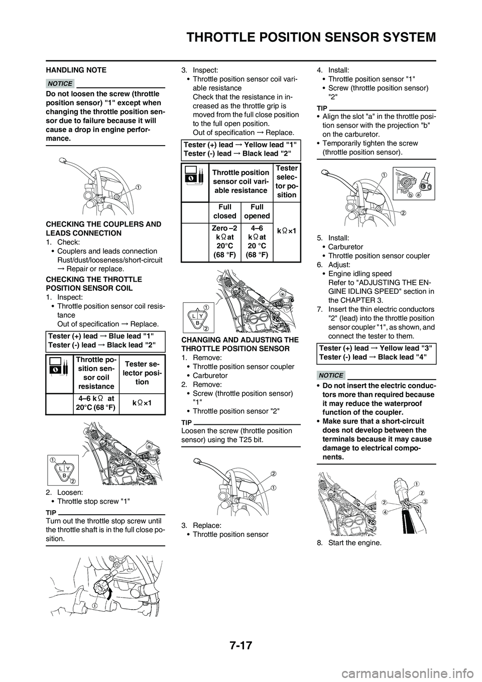 YAMAHA WR 450F 2009 Owners Manual 7-17
THROTTLE POSITION SENSOR SYSTEM
HANDLING NOTE
Do not loosen the screw (throttle
position sensor) "1" except when
changing the throttle position sen-
sor due to failure because it will
cause a YAMAHA WR 450F 2009 Owners Manual 7-17
THROTTLE POSITION SENSOR SYSTEM
HANDLING NOTE
Do not loosen the screw (throttle
position sensor) "1" except when
changing the throttle position sen-
sor due to failure because it will
cause a