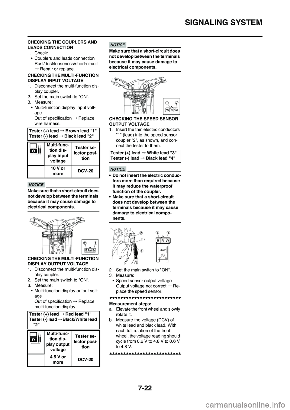 YAMAHA WR 450F 2009 Owners Manual 7-22
SIGNALING SYSTEM
CHECKING THE COUPLERS AND
LEADS CONNECTION
1. Check:
• Couplers and leads connection
Rust/dust/looseness/short-circuit
→Repair or replace.
CHECKING THE MULTI-FUNCTION
DISPL YAMAHA WR 450F 2009 Owners Manual 7-22
SIGNALING SYSTEM
CHECKING THE COUPLERS AND
LEADS CONNECTION
1. Check:
• Couplers and leads connection
Rust/dust/looseness/short-circuit
→Repair or replace.
CHECKING THE MULTI-FUNCTION
DISPL