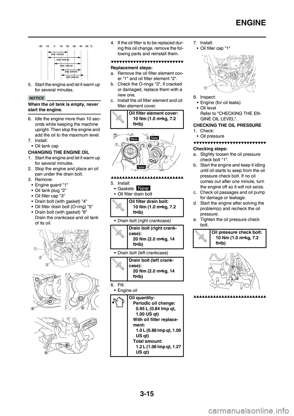 YAMAHA WR 450F 2009 Owners Manual 3-15
ENGINE
5. Start the engine and let it warm up
for several minutes.
When the oil tank is empty, never
start the engine.
6. Idle the engine more than 10 sec-
onds while keeping the machine
uprig YAMAHA WR 450F 2009 Owners Manual 3-15
ENGINE
5. Start the engine and let it warm up
for several minutes.
When the oil tank is empty, never
start the engine.
6. Idle the engine more than 10 sec-
onds while keeping the machine
uprig