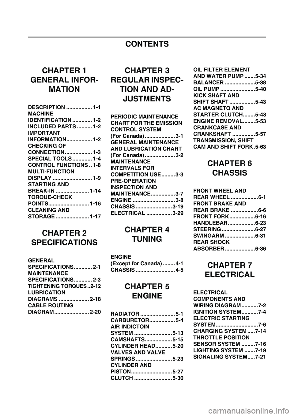 YAMAHA WR 450F 2009 Owners Manual CONTENTS
CHAPTER 1
GENERAL INFOR-
MATION
DESCRIPTION ................. 1-1
MACHINE
IDENTIFICATION ............. 1-2
INCLUDED PARTS .......... 1-2
IMPORTANT
INFORMATION................. 1-2
CHECKING YAMAHA WR 450F 2009 Owners Manual CONTENTS
CHAPTER 1
GENERAL INFOR-
MATION
DESCRIPTION ................. 1-1
MACHINE
IDENTIFICATION ............. 1-2
INCLUDED PARTS .......... 1-2
IMPORTANT
INFORMATION................. 1-2
CHECKING