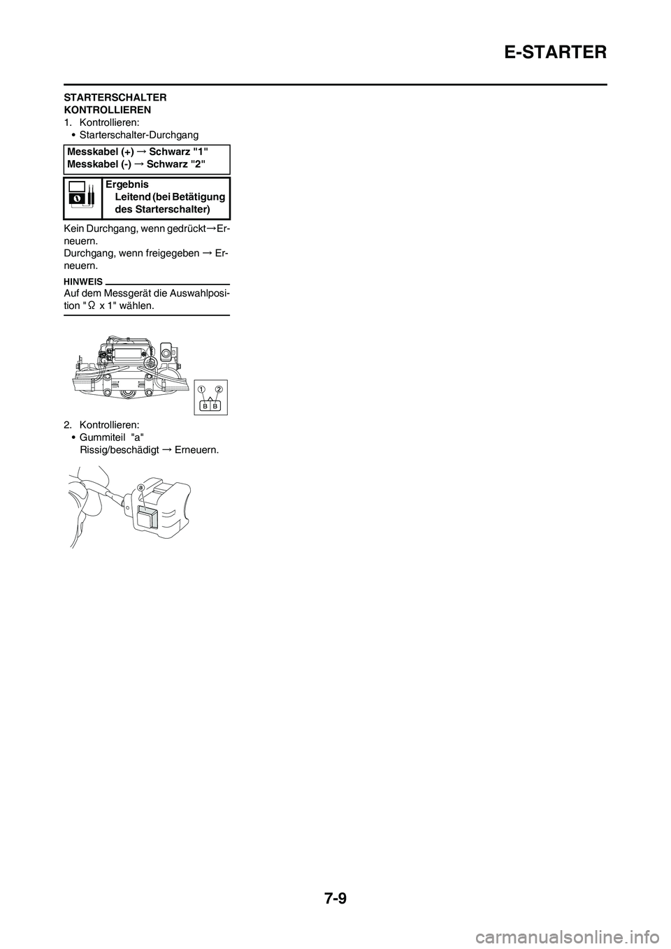 YAMAHA WR 450F 2009 Betriebsanleitungen (in German) 7-9
E-STARTER
STARTERSCHALTER
KONTROLLIEREN
1. Kontrollieren:
• Starterschalter-Durchgang
Kein Durchgang, wenn gedrückt→Er-
neuern.
Durchgang, wenn freigegeben→Er-
neuern.
Auf dem Messgerät d YAMAHA WR 450F 2009 Betriebsanleitungen (in German) 7-9
E-STARTER
STARTERSCHALTER
KONTROLLIEREN
1. Kontrollieren:
• Starterschalter-Durchgang
Kein Durchgang, wenn gedrückt→Er-
neuern.
Durchgang, wenn freigegeben→Er-
neuern.
Auf dem Messgerät d