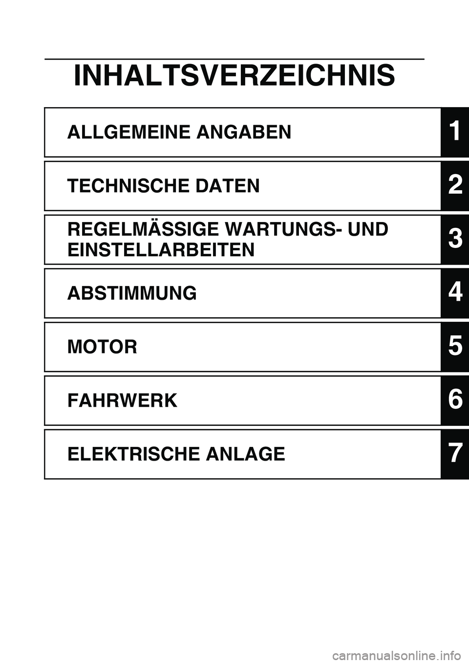 YAMAHA WR 450F 2009  Betriebsanleitungen (in German) INHALTSVERZEICHNIS
ALLGEMEINE ANGABEN1
TECHNISCHE DATEN2
REGELMÄSSIGE WARTUNGS- UND 
EINSTELLARBEITEN
3
ABSTIMMUNG4
MOTOR5
FAHRWERK6
ELEKTRISCHE ANLAGE7 