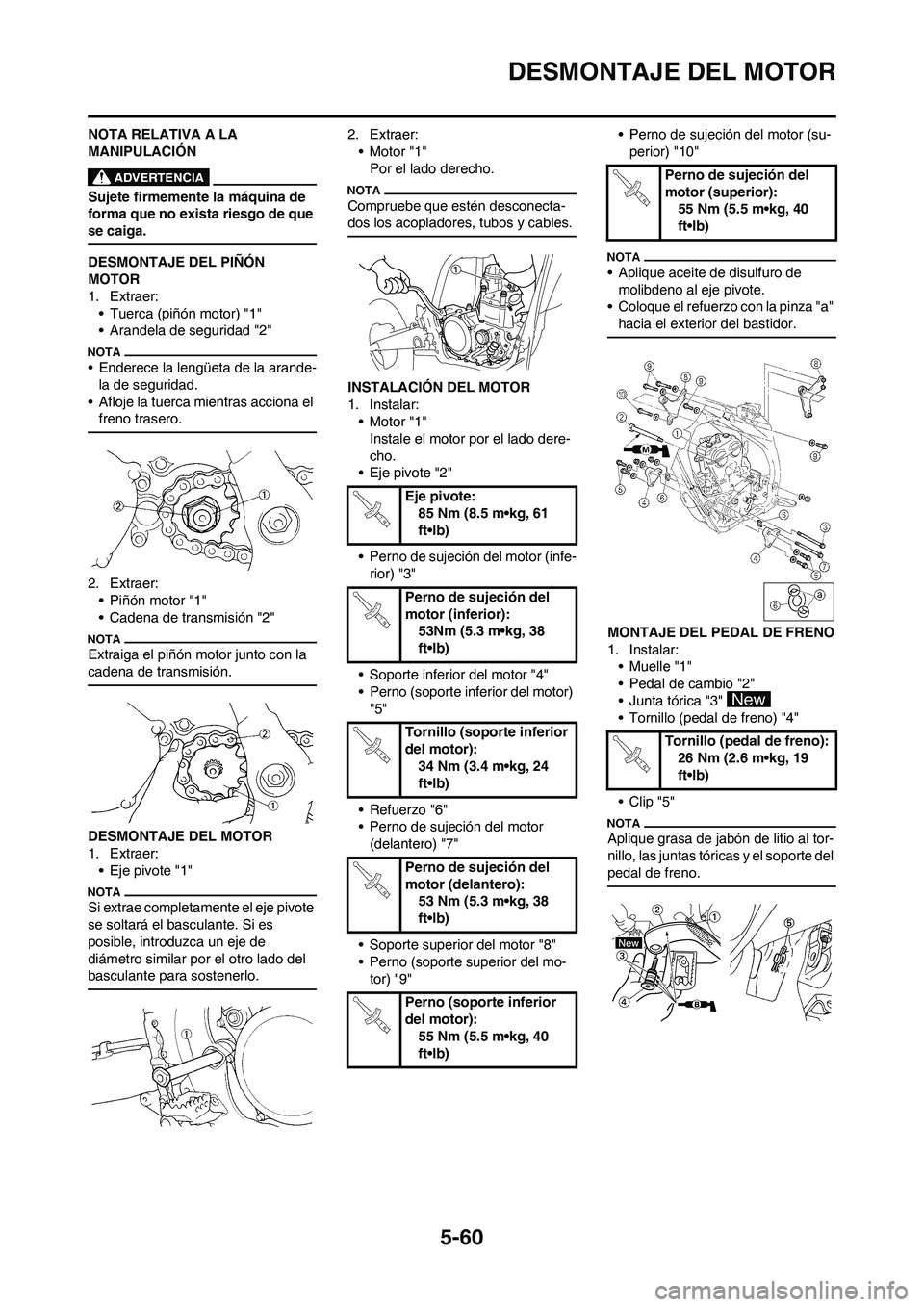 YAMAHA WR 450F 2009 Manuale de Empleo (in Spanish) 5-60
DESMONTAJE DEL MOTOR
NOTA RELATIVA A LA
MANIPULACIÓN
Sujete firmemente la máquina de
forma que no exista riesgo de que
se caiga.
DESMONTAJE DEL PIÑÓN
MOTOR
1. Extraer:
• Tuerca (piñón YAMAHA WR 450F 2009 Manuale de Empleo (in Spanish) 5-60
DESMONTAJE DEL MOTOR
NOTA RELATIVA A LA
MANIPULACIÓN
Sujete firmemente la máquina de
forma que no exista riesgo de que
se caiga.
DESMONTAJE DEL PIÑÓN
MOTOR
1. Extraer:
• Tuerca (piñón