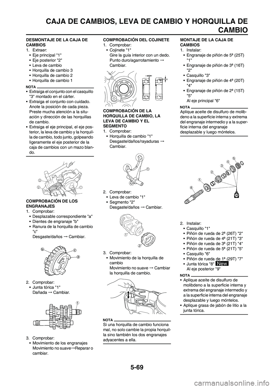 YAMAHA WR 450F 2009 Manuale de Empleo (in Spanish) 5-69
CAJA DE CAMBIOS, LEVA DE CAMBIO Y HORQUILLA DE
CAMBIO
DESMONTAJE DE LA CAJA DE
CAMBIOS
1. Extraer:
• Eje principal "1"
• Eje posterior "2"
• Leva de cambio
• Horquilla de cambio 3
• Ho YAMAHA WR 450F 2009 Manuale de Empleo (in Spanish) 5-69
CAJA DE CAMBIOS, LEVA DE CAMBIO Y HORQUILLA DE
CAMBIO
DESMONTAJE DE LA CAJA DE
CAMBIOS
1. Extraer:
• Eje principal "1"
• Eje posterior "2"
• Leva de cambio
• Horquilla de cambio 3
• Ho