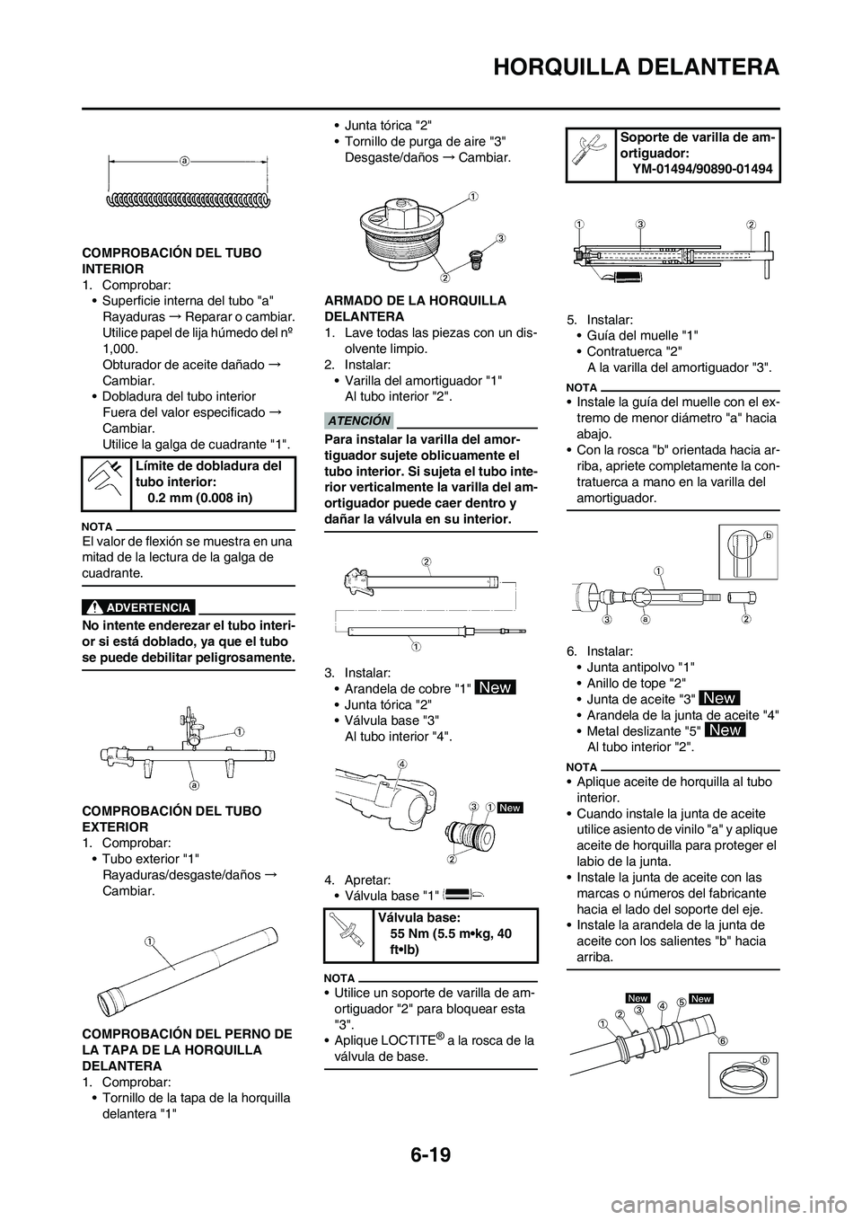 YAMAHA WR 450F 2009  Manuale de Empleo (in Spanish) 6-19
HORQUILLA DELANTERA
COMPROBACIÓN DEL TUBO 
INTERIOR
1. Comprobar:
• Superficie interna del tubo "a"
Rayaduras→Reparar o cambiar.
Utilice papel de lija húmedo del nº 
1,000.
Obturador de ac