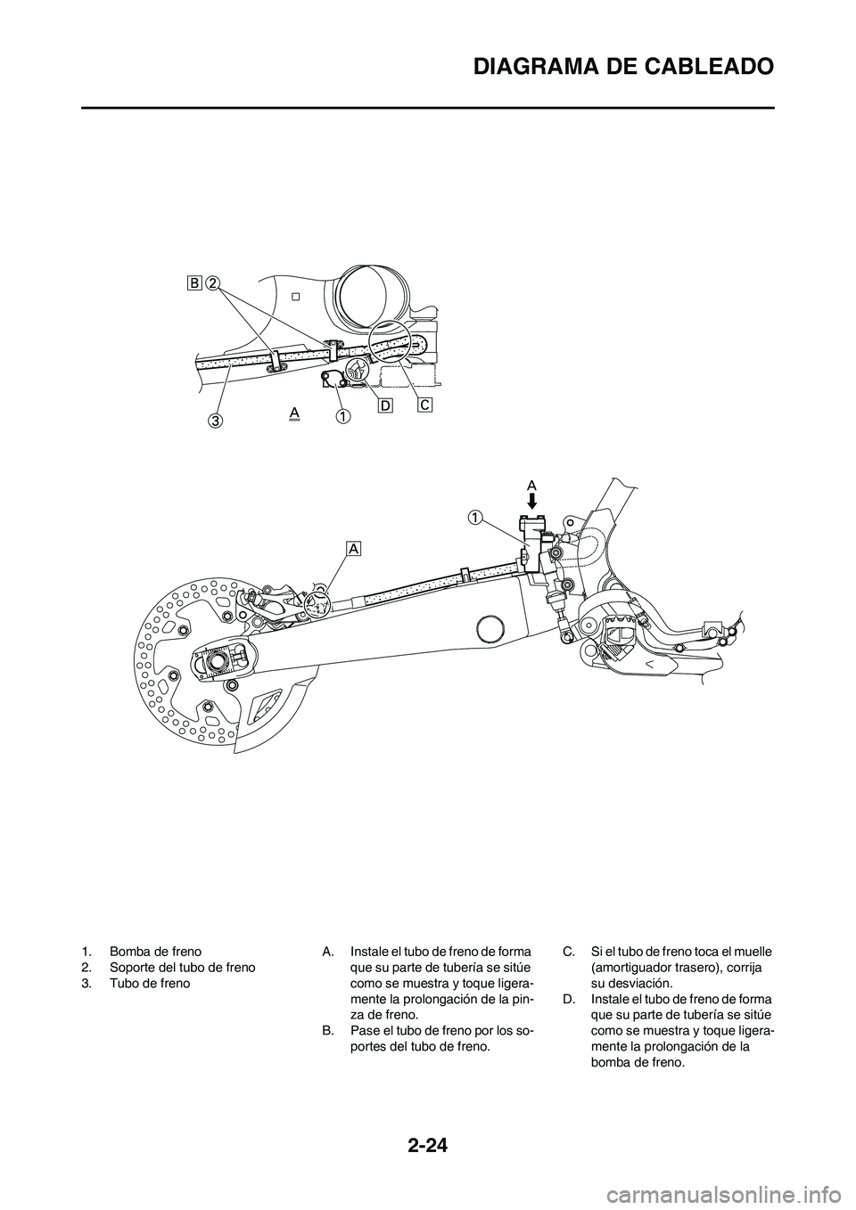 YAMAHA WR 450F 2009 Manuale de Empleo (in Spanish) 2-24
DIAGRAMA DE CABLEADO
1. Bomba de freno
2. Soporte del tubo de freno
3. Tubo de frenoA. Instale el tubo de freno de forma
que su parte de tubería se sitúe
como se muestra y toque ligera-
mente YAMAHA WR 450F 2009 Manuale de Empleo (in Spanish) 2-24
DIAGRAMA DE CABLEADO
1. Bomba de freno
2. Soporte del tubo de freno
3. Tubo de frenoA. Instale el tubo de freno de forma
que su parte de tubería se sitúe
como se muestra y toque ligera-
mente