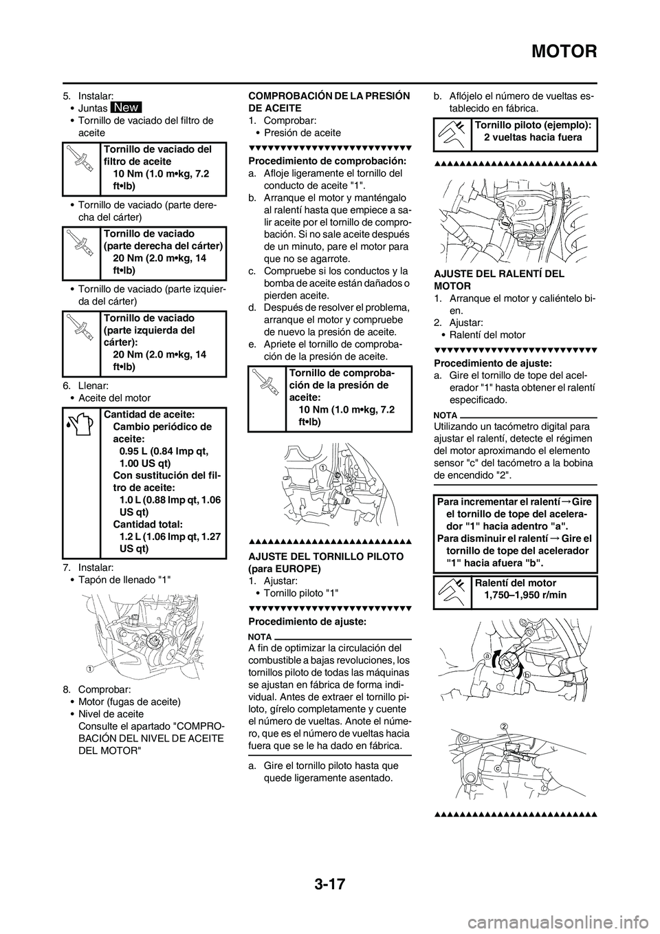 YAMAHA WR 450F 2009  Manuale de Empleo (in Spanish) 3-17
MOTOR
5. Instalar:
•Juntas 
• Tornillo de vaciado del filtro de 
aceite
• Tornillo de vaciado (parte dere-
cha del cárter)
• Tornillo de vaciado (parte izquier-
da del cárter)
6. Llenar