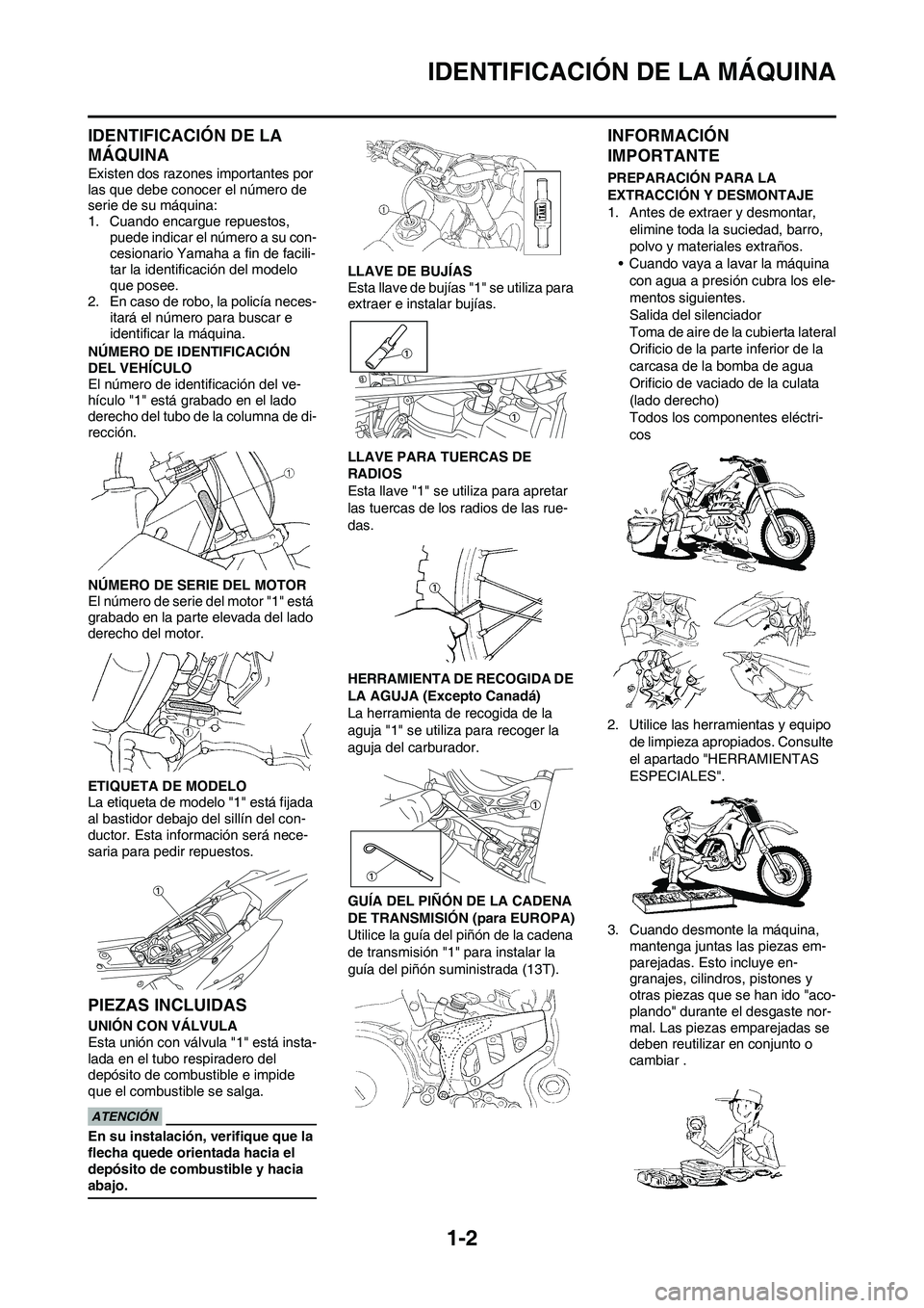 YAMAHA WR 450F 2009 Manuale de Empleo (in Spanish)
1-2
IDENTIFICACIÓN DE LA MÁQUINA
IDENTIFICACIÓN DE LA
MÁQUINA
Existen dos razones importantes por
las que debe conocer el número de
serie de su máquina:
1. Cuando encargue repuestos, puede i YAMAHA WR 450F 2009 Manuale de Empleo (in Spanish)
1-2
IDENTIFICACIÓN DE LA MÁQUINA
IDENTIFICACIÓN DE LA
MÁQUINA
Existen dos razones importantes por
las que debe conocer el número de
serie de su máquina:
1. Cuando encargue repuestos, puede i