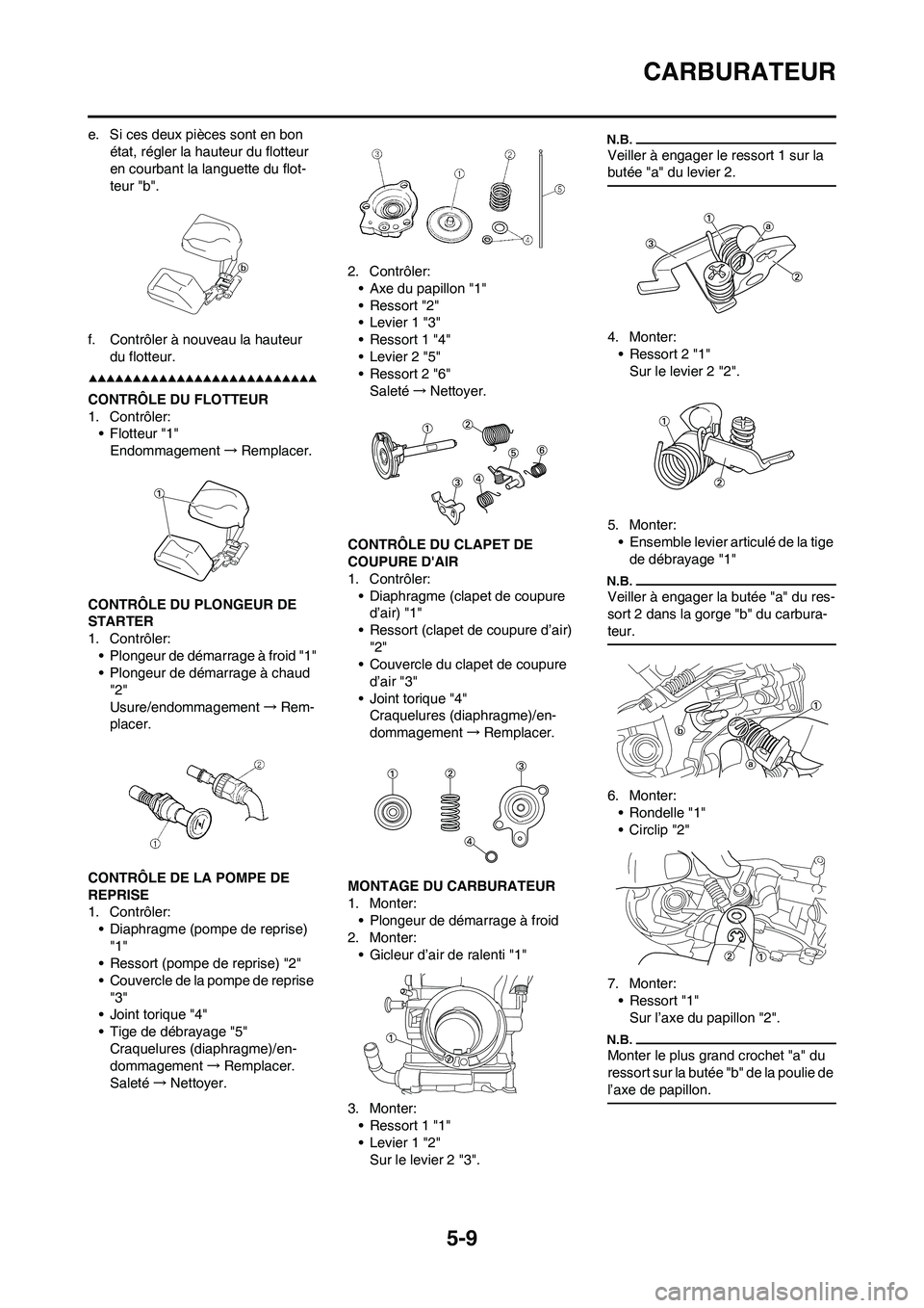 YAMAHA WR 450F 2009 Notices Demploi (in French) 5-9
CARBURATEUR
e. Si ces deux pièces sont en bon
état, régler la hauteur du flotteur
en courbant la languette du flot-
teur "b".
f. Contrôler à nouveau la hauteur
du flotteur.
CONTRÔLE DU FL YAMAHA WR 450F 2009 Notices Demploi (in French) 5-9
CARBURATEUR
e. Si ces deux pièces sont en bon
état, régler la hauteur du flotteur
en courbant la languette du flot-
teur "b".
f. Contrôler à nouveau la hauteur
du flotteur.
CONTRÔLE DU FL