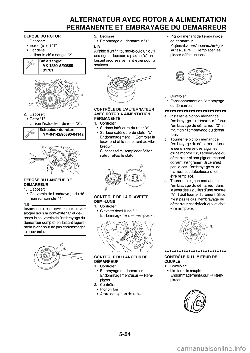 YAMAHA WR 450F 2009 Notices Demploi (in French) 5-54
ALTERNATEUR AVEC ROTOR A ALIMENTATION
PERMANENTE ET EMBRAYAGE DU DEMARREUR
DÉPOSE DU ROTOR
1. Déposer:
• Ecrou (rotor) "1"
• Rondelle
Utiliser la clé à sangle "2".
2. Déposer:
• Rotor YAMAHA WR 450F 2009 Notices Demploi (in French) 5-54
ALTERNATEUR AVEC ROTOR A ALIMENTATION
PERMANENTE ET EMBRAYAGE DU DEMARREUR
DÉPOSE DU ROTOR
1. Déposer:
• Ecrou (rotor) "1"
• Rondelle
Utiliser la clé à sangle "2".
2. Déposer:
• Rotor
