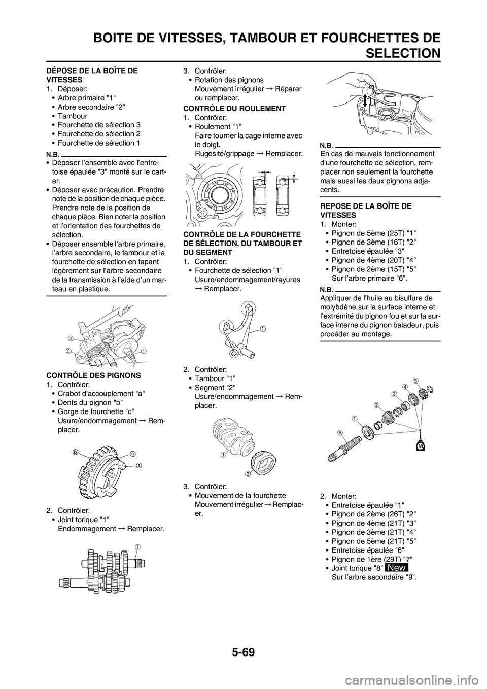 YAMAHA WR 450F 2009 Notices Demploi (in French) 5-69
BOITE DE VITESSES, TAMBOUR ET FOURCHETTES DE
SELECTION
DÉPOSE DE LA BOÎTE DE
VITESSES
1. Déposer:
• Arbre primaire "1"
• Arbre secondaire "2"
• Tambour
• Fourchette de sélection 3
†YAMAHA WR 450F 2009 Notices Demploi (in French) 5-69
BOITE DE VITESSES, TAMBOUR ET FOURCHETTES DE
SELECTION
DÉPOSE DE LA BOÎTE DE
VITESSES
1. Déposer:
• Arbre primaire "1"
• Arbre secondaire "2"
• Tambour
• Fourchette de sélection 3
â€