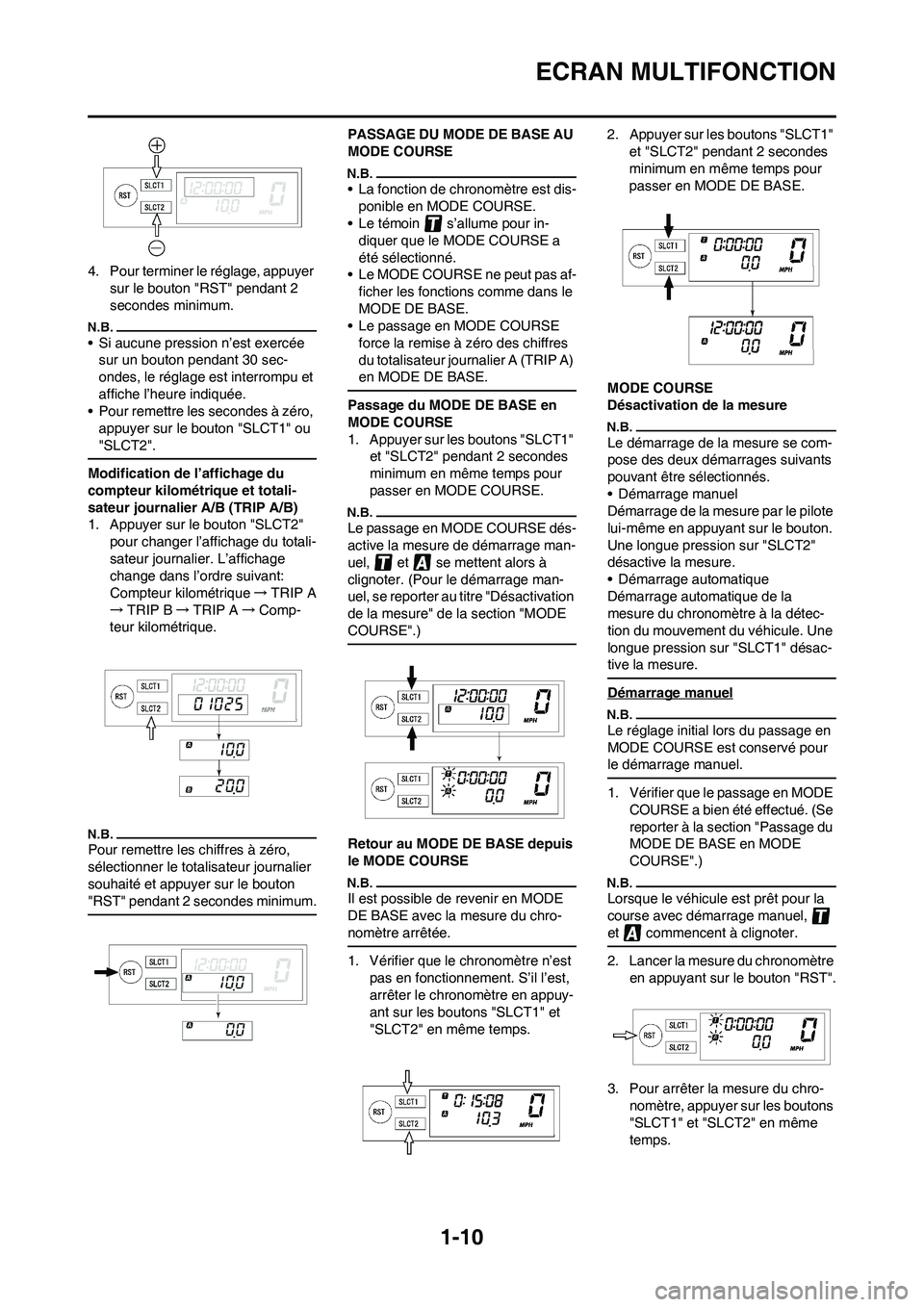 YAMAHA WR 450F 2009 Notices Demploi (in French) 1-10
ECRAN MULTIFONCTION
4. Pour terminer le réglage, appuyer
sur le bouton "RST" pendant 2
secondes minimum.
• Si aucune pression n’est exercée
sur un bouton pendant 30 sec-
ondes, le régla YAMAHA WR 450F 2009 Notices Demploi (in French) 1-10
ECRAN MULTIFONCTION
4. Pour terminer le réglage, appuyer
sur le bouton "RST" pendant 2
secondes minimum.
• Si aucune pression n’est exercée
sur un bouton pendant 30 sec-
ondes, le régla