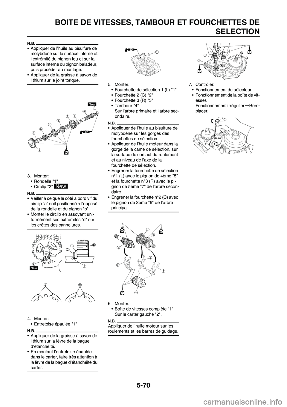 YAMAHA WR 450F 2009 Notices Demploi (in French) 5-70
BOITE DE VITESSES, TAMBOUR ET FOURCHETTES DE
SELECTION
• Appliquer de l’huile au bisulfure de
molybdène sur la surface interne et
l’extrémité du pignon fou et sur la
surface interne d YAMAHA WR 450F 2009 Notices Demploi (in French) 5-70
BOITE DE VITESSES, TAMBOUR ET FOURCHETTES DE
SELECTION
• Appliquer de l’huile au bisulfure de
molybdène sur la surface interne et
l’extrémité du pignon fou et sur la
surface interne d