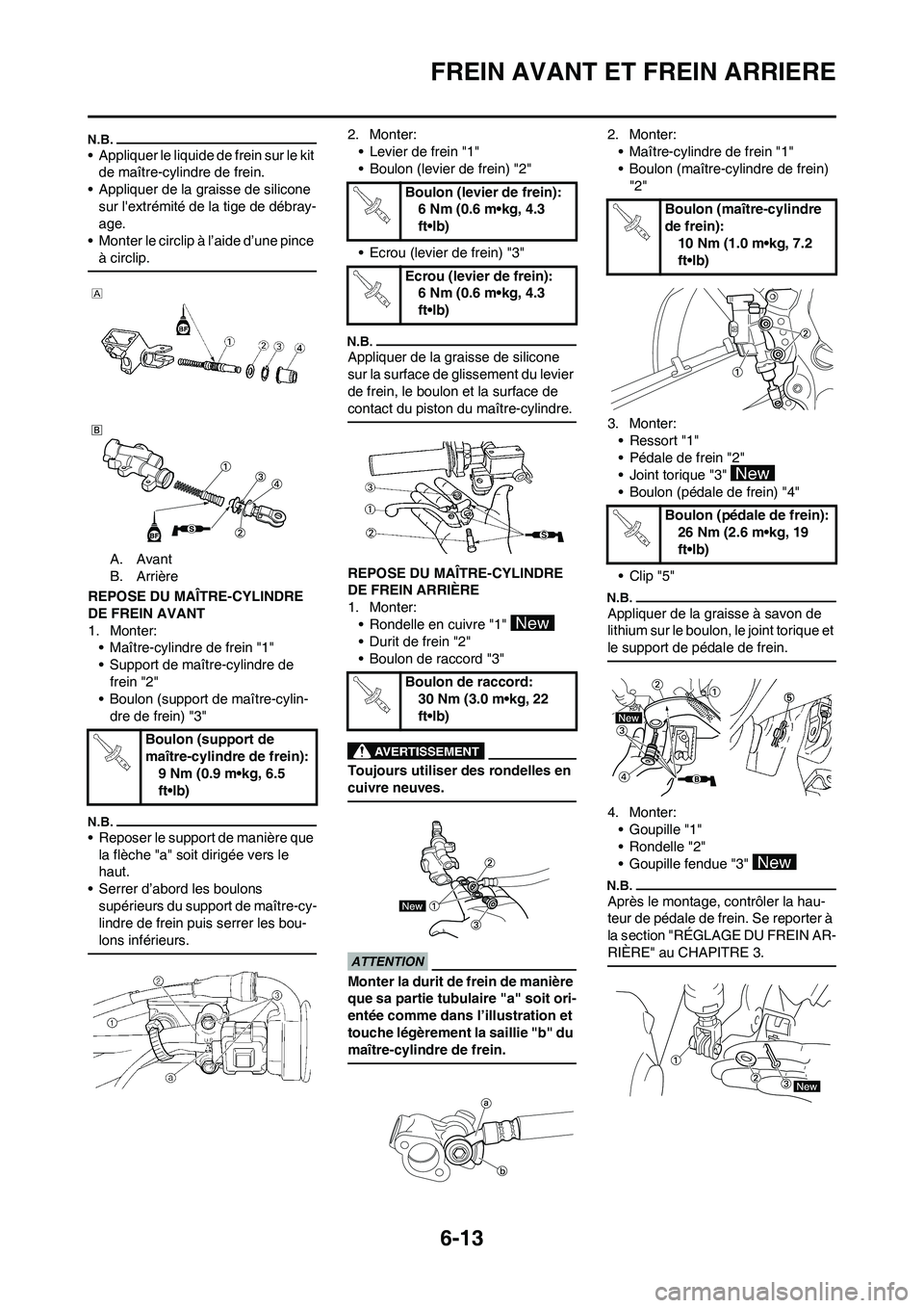 YAMAHA WR 450F 2009 Notices Demploi (in French) 6-13
FREIN AVANT ET FREIN ARRIERE
• Appliquer le liquide de frein sur le kit
de maître-cylindre de frein.
• Appliquer de la graisse de silicone
sur lextrémité de la tige de débray-
age.
• YAMAHA WR 450F 2009 Notices Demploi (in French) 6-13
FREIN AVANT ET FREIN ARRIERE
• Appliquer le liquide de frein sur le kit
de maître-cylindre de frein.
• Appliquer de la graisse de silicone
sur lextrémité de la tige de débray-
age.
•