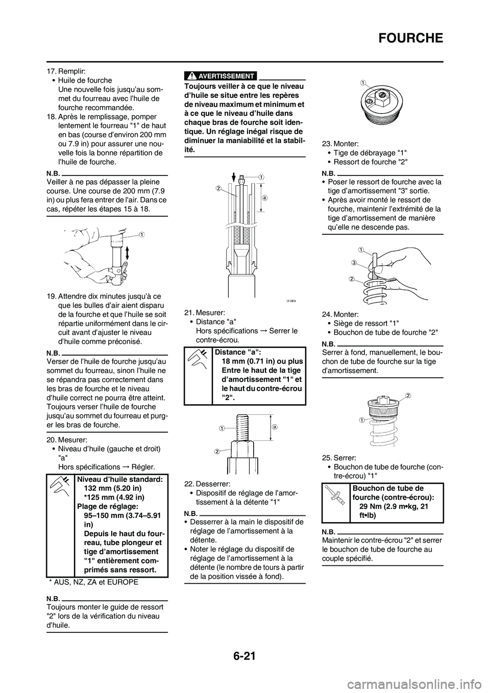 YAMAHA WR 450F 2009 Notices Demploi (in French) 6-21
FOURCHE
17. Remplir:
• Huile de fourche
Une nouvelle fois jusqu’au som-
met du fourreau avec l’huile de
fourche recommandée.
18. Après le remplissage, pomper
lentement le fourreau "1" d YAMAHA WR 450F 2009 Notices Demploi (in French) 6-21
FOURCHE
17. Remplir:
• Huile de fourche
Une nouvelle fois jusqu’au som-
met du fourreau avec l’huile de
fourche recommandée.
18. Après le remplissage, pomper
lentement le fourreau "1" d