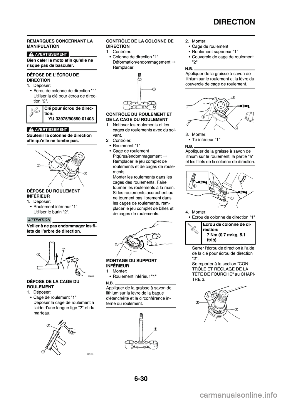 YAMAHA WR 450F 2009 Notices Demploi (in French) 6-30
DIRECTION
REMARQUES CONCERNANT LA
MANIPULATION
Bien caler la moto afin qu’elle ne
risque pas de basculer.
DÉPOSE DE LÉCROU DE
DIRECTION
1. Déposer:
• Ecrou de colonne de direction "1"
YAMAHA WR 450F 2009 Notices Demploi (in French) 6-30
DIRECTION
REMARQUES CONCERNANT LA
MANIPULATION
Bien caler la moto afin qu’elle ne
risque pas de basculer.
DÉPOSE DE LÉCROU DE
DIRECTION
1. Déposer:
• Ecrou de colonne de direction "1"