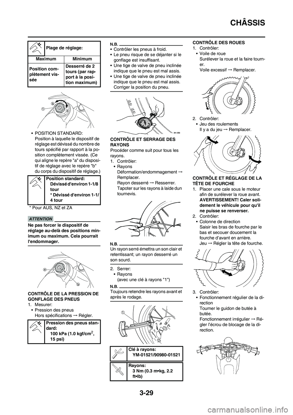 YAMAHA WR 450F 2009 Notices Demploi (in French) 3-29
CHÂSSIS
• POSITION STANDARD:
Position à laquelle le dispositif de
réglage est dévissé du nombre de
tours spécifié par rapport à la po-
sition complètement vissée. (Ce
qui aligne le YAMAHA WR 450F 2009 Notices Demploi (in French) 3-29
CHÂSSIS
• POSITION STANDARD:
Position à laquelle le dispositif de
réglage est dévissé du nombre de
tours spécifié par rapport à la po-
sition complètement vissée. (Ce
qui aligne le