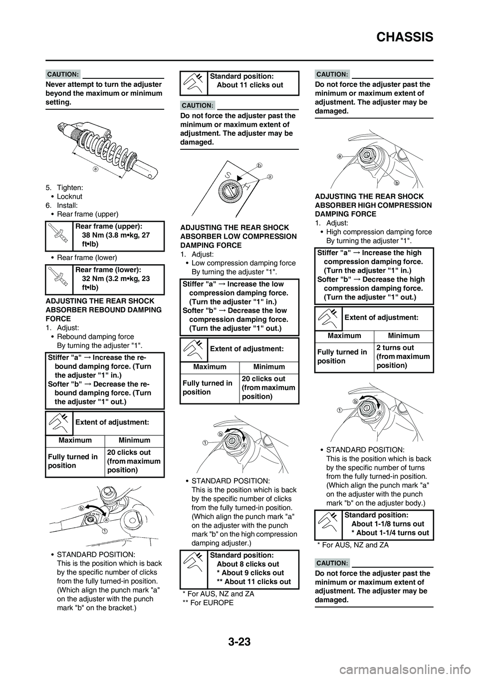 YAMAHA WR 450F 2008 Manual PDF 3-23
CHASSIS
Never attempt to turn the adjuster
beyond the maximum or minimum
setting.
5. Tighten:
•Locknut
6. Install:
• Rear frame (upper)
• Rear frame (lower)
ADJUSTING THE REAR SHOCK
ABSO YAMAHA WR 450F 2008 Manual PDF 3-23
CHASSIS
Never attempt to turn the adjuster
beyond the maximum or minimum
setting.
5. Tighten:
•Locknut
6. Install:
• Rear frame (upper)
• Rear frame (lower)
ADJUSTING THE REAR SHOCK
ABSO
