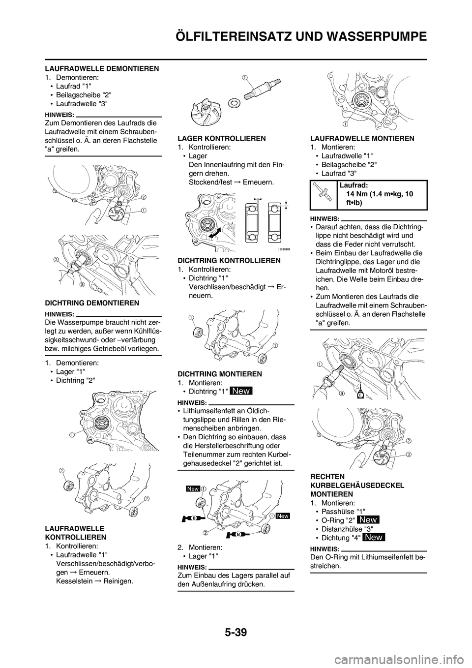 YAMAHA WR 450F 2008 Betriebsanleitungen (in German) 5-39
ÖLFILTEREINSATZ UND WASSERPUMPE
LAUFRADWELLE DEMONTIEREN
1. Demontieren:
•Laufrad "1"
•Beilagscheibe "2"
•Laufradwelle "3"
Zum Demontieren des Laufrads die
Laufradwelle mit einem Schraube YAMAHA WR 450F 2008 Betriebsanleitungen (in German) 5-39
ÖLFILTEREINSATZ UND WASSERPUMPE
LAUFRADWELLE DEMONTIEREN
1. Demontieren:
•Laufrad "1"
•Beilagscheibe "2"
•Laufradwelle "3"
Zum Demontieren des Laufrads die
Laufradwelle mit einem Schraube