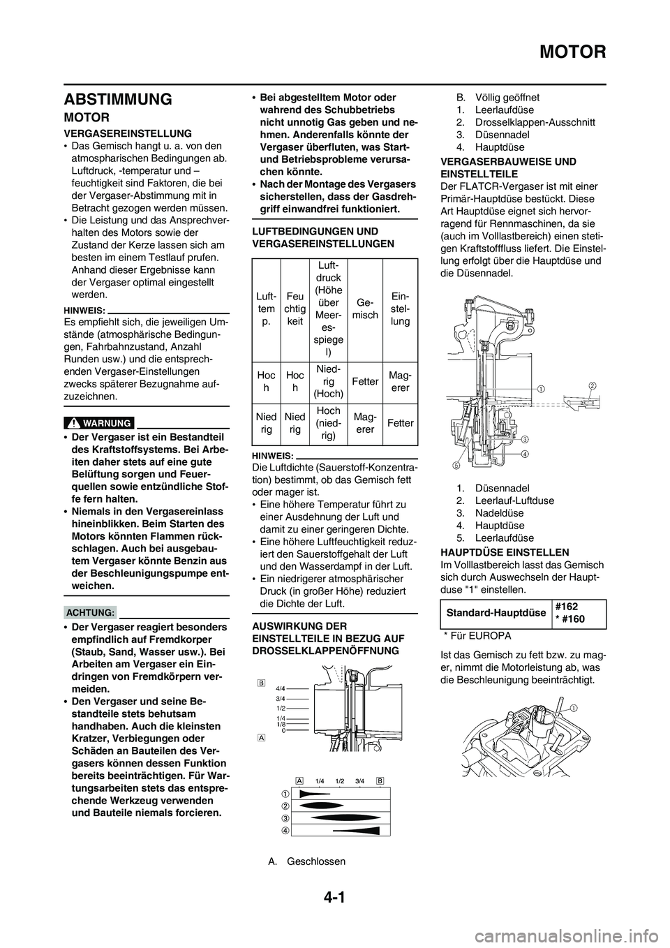YAMAHA WR 450F 2008 Betriebsanleitungen (in German) 4-1
MOTOR
ABSTIMMUNG
MOTOR
VERGASEREINSTELLUNG
•Das Gemisch hangt u. a. von den
atmospharischen Bedingungen ab.
Luftdruck, -temperatur und –
feuchtigkeit sind Faktoren, die bei
der Vergaser-Abs YAMAHA WR 450F 2008 Betriebsanleitungen (in German) 4-1
MOTOR
ABSTIMMUNG
MOTOR
VERGASEREINSTELLUNG
•Das Gemisch hangt u. a. von den
atmospharischen Bedingungen ab.
Luftdruck, -temperatur und –
feuchtigkeit sind Faktoren, die bei
der Vergaser-Abs