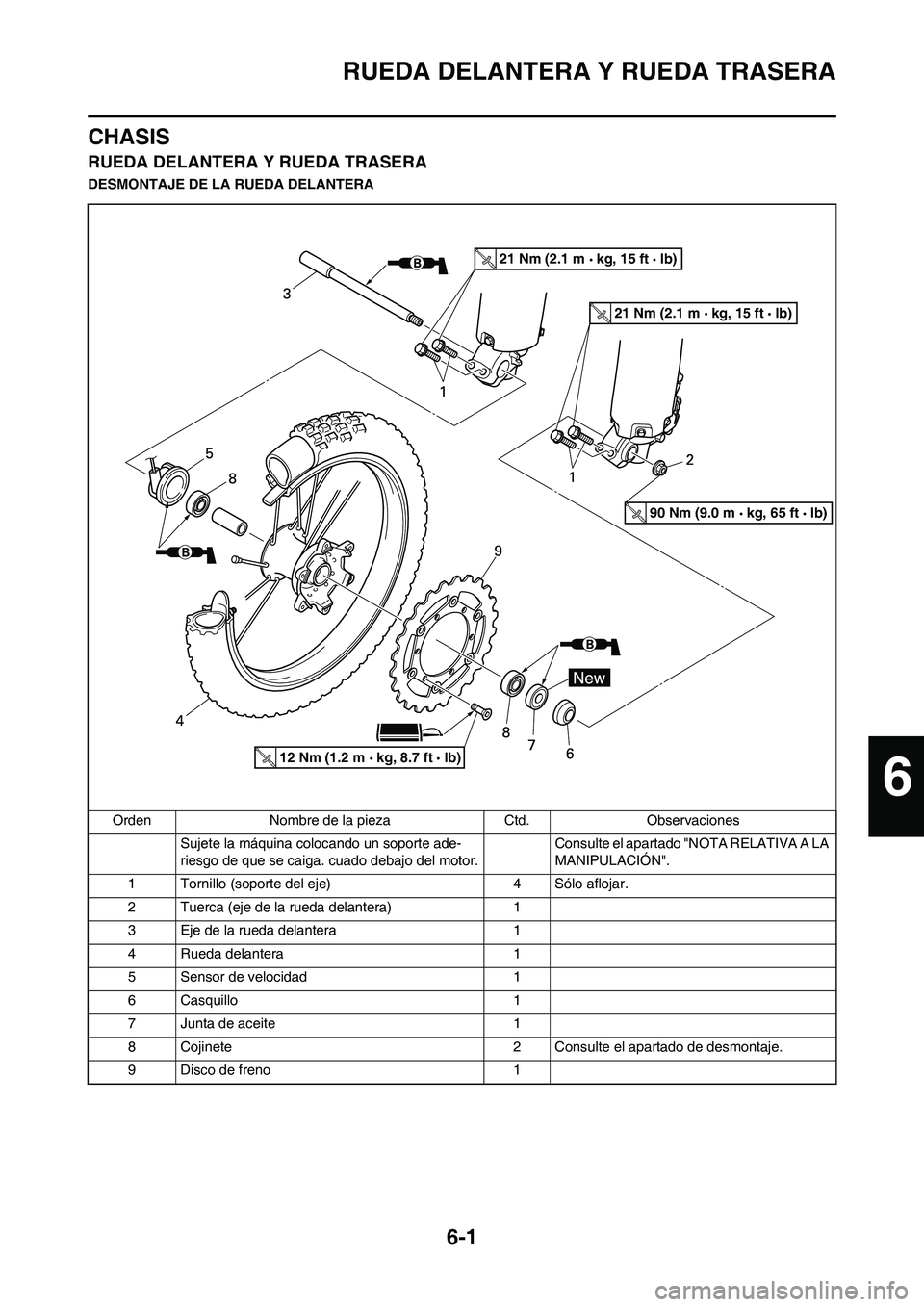 YAMAHA WR 450F 2008  Manuale de Empleo (in Spanish) 6-1
RUEDA DELANTERA Y RUEDA TRASERA
CHASIS
RUEDA DELANTERA Y RUEDA TRASERA
DESMONTAJE DE LA RUEDA DELANTERA
Orden Nombre de la pieza Ctd. Observaciones
Sujete la máquina colocando un soporte ade- 
ri