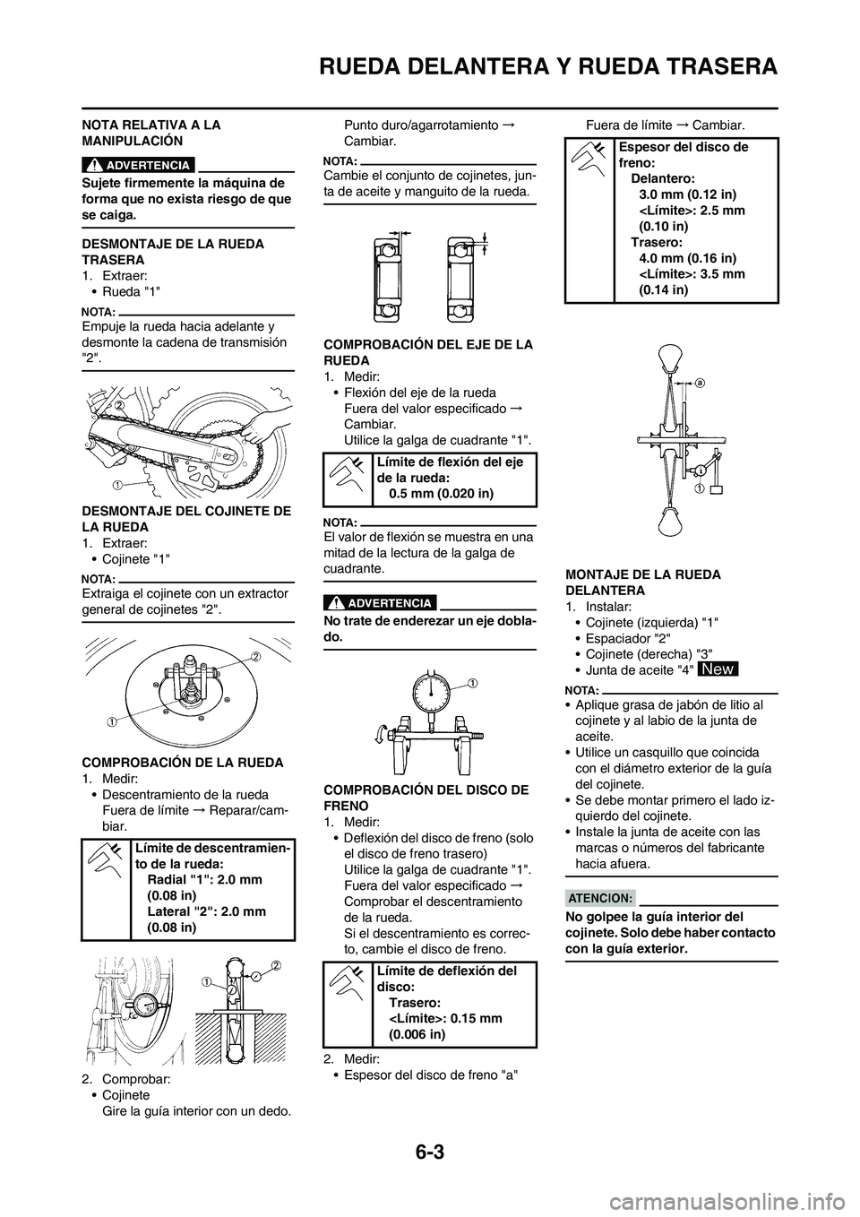 YAMAHA WR 450F 2008 Manuale de Empleo (in Spanish) 6-3
RUEDA DELANTERA Y RUEDA TRASERA
NOTA RELATIVA A LA
MANIPULACIÓN
Sujete firmemente la máquina de
forma que no exista riesgo de que
se caiga.
DESMONTAJE DE LA RUEDA
TRASERA
1. Extraer:
• Rue YAMAHA WR 450F 2008 Manuale de Empleo (in Spanish) 6-3
RUEDA DELANTERA Y RUEDA TRASERA
NOTA RELATIVA A LA
MANIPULACIÓN
Sujete firmemente la máquina de
forma que no exista riesgo de que
se caiga.
DESMONTAJE DE LA RUEDA
TRASERA
1. Extraer:
• Rue