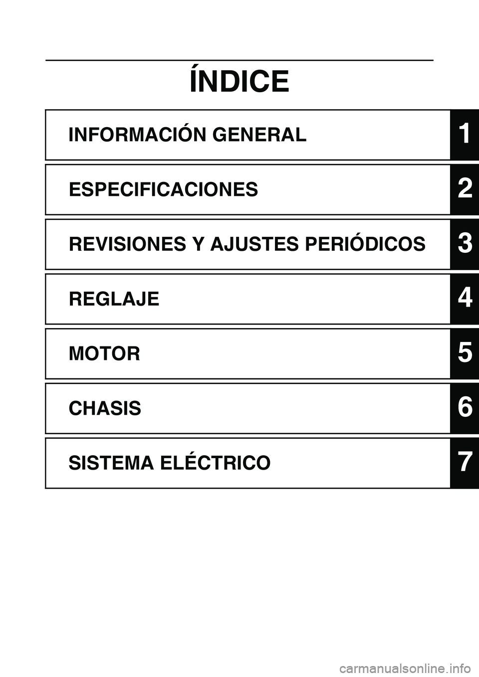 YAMAHA WR 450F 2008 Manuale de Empleo (in Spanish) ÍNDICE
INFORMACIÓN GENERAL1
ESPECIFICACIONES2
REVISIONES Y AJUSTES PERIÓDICOS3
REGLAJE4
MOTOR5
CHASIS6
SISTEMA ELÉCTRICO7 YAMAHA WR 450F 2008 Manuale de Empleo (in Spanish) ÍNDICE
INFORMACIÓN GENERAL1
ESPECIFICACIONES2
REVISIONES Y AJUSTES PERIÓDICOS3
REGLAJE4
MOTOR5
CHASIS6
SISTEMA ELÉCTRICO7