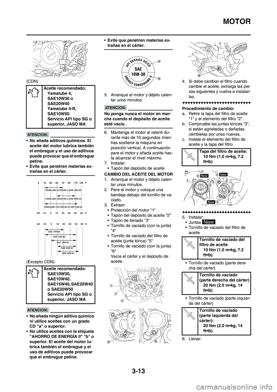 YAMAHA WR 450F 2008 Manuale de Empleo (in Spanish) 3-13
MOTOR
(CDN)
• No añada aditivos químicos. El
aceite del motor lubrica también
el embrague y el uso de aditivos
puede provocar que el embrague
patine.
• Evite que penetren materias ex-
YAMAHA WR 450F 2008 Manuale de Empleo (in Spanish) 3-13
MOTOR
(CDN)
• No añada aditivos químicos. El
aceite del motor lubrica también
el embrague y el uso de aditivos
puede provocar que el embrague
patine.
• Evite que penetren materias ex-
