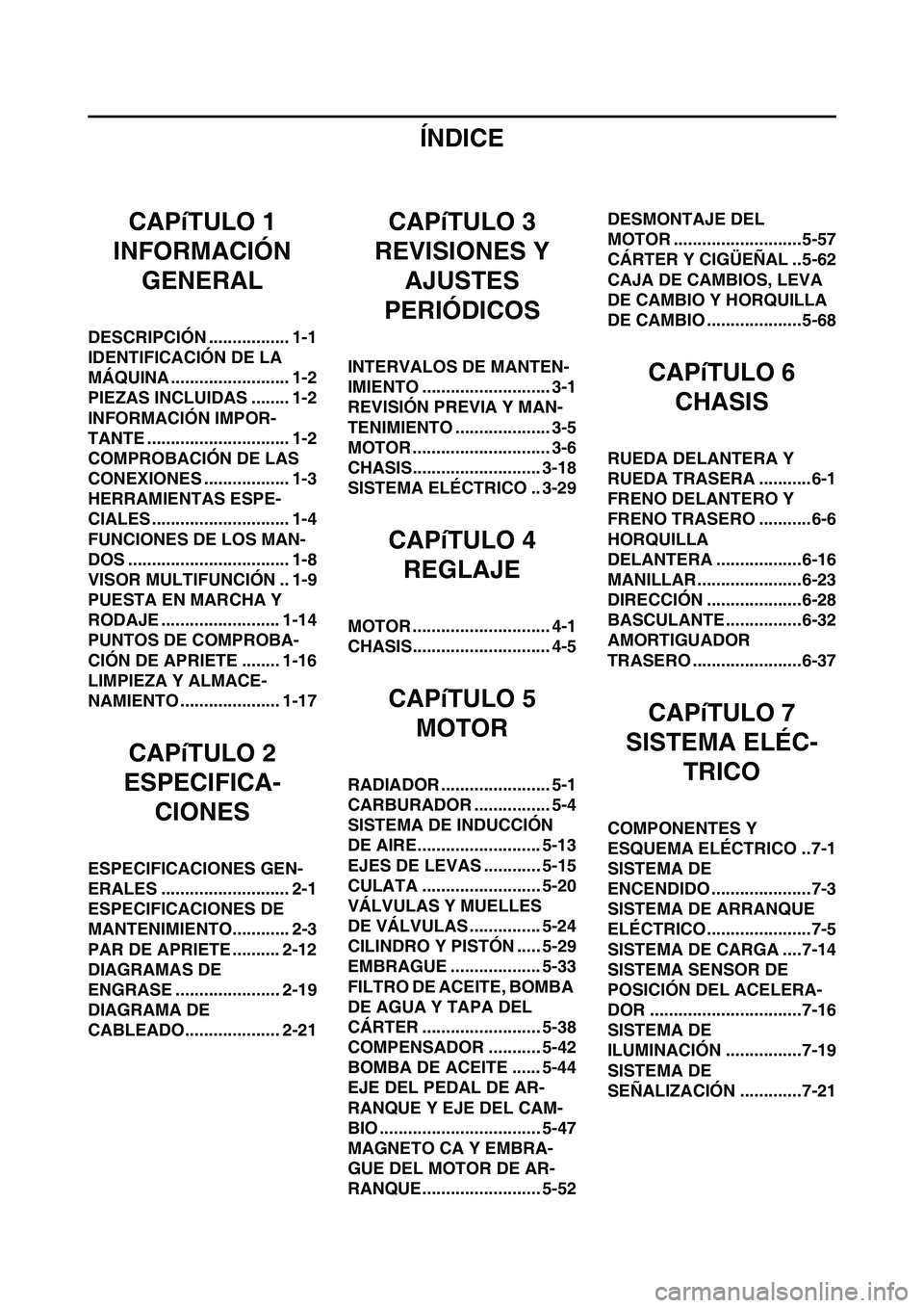 YAMAHA WR 450F 2008 Manuale de Empleo (in Spanish) ÍNDICE
CAPíTULO 1
INFORMACIÓN
GENERAL
DESCRIPCIÓN ................. 1-1
IDENTIFICACIÓN DE LA
MÁQUINA ......................... 1-2
PIEZAS INCLUIDAS ........ 1-2
INFORMACIÓN IMPOR-
TANTE ..... YAMAHA WR 450F 2008 Manuale de Empleo (in Spanish) ÍNDICE
CAPíTULO 1
INFORMACIÓN
GENERAL
DESCRIPCIÓN ................. 1-1
IDENTIFICACIÓN DE LA
MÁQUINA ......................... 1-2
PIEZAS INCLUIDAS ........ 1-2
INFORMACIÓN IMPOR-
TANTE .....