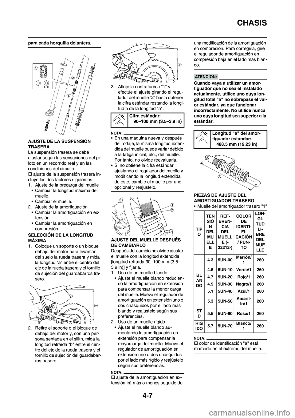 YAMAHA WR 450F 2008 Manuale de Empleo (in Spanish) 4-7
CHASIS
para cada horquilla delantera.
AJUSTE DE LA SUSPENSIÓN
TRASERA
La suspensión trasera se debe
ajustar según las sensaciones del pi-
loto en un recorrido real y en las
condiciones del c YAMAHA WR 450F 2008 Manuale de Empleo (in Spanish) 4-7
CHASIS
para cada horquilla delantera.
AJUSTE DE LA SUSPENSIÓN
TRASERA
La suspensión trasera se debe
ajustar según las sensaciones del pi-
loto en un recorrido real y en las
condiciones del c