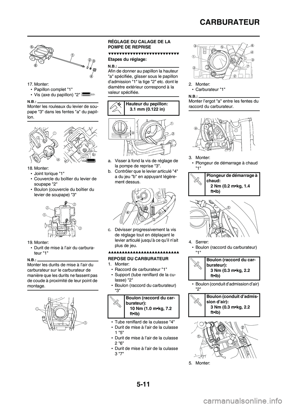 YAMAHA WR 450F 2008  Notices Demploi (in French) 5-11
CARBURATEUR
17. Monter:
•Papillon complet "1"
•Vis (axe du papillon) "2" 
Monter les rouleaux du levier de sou-
pape "3" dans les fentes "a" du papil-
lon.
18. Monter:
•Joint torique "1"
