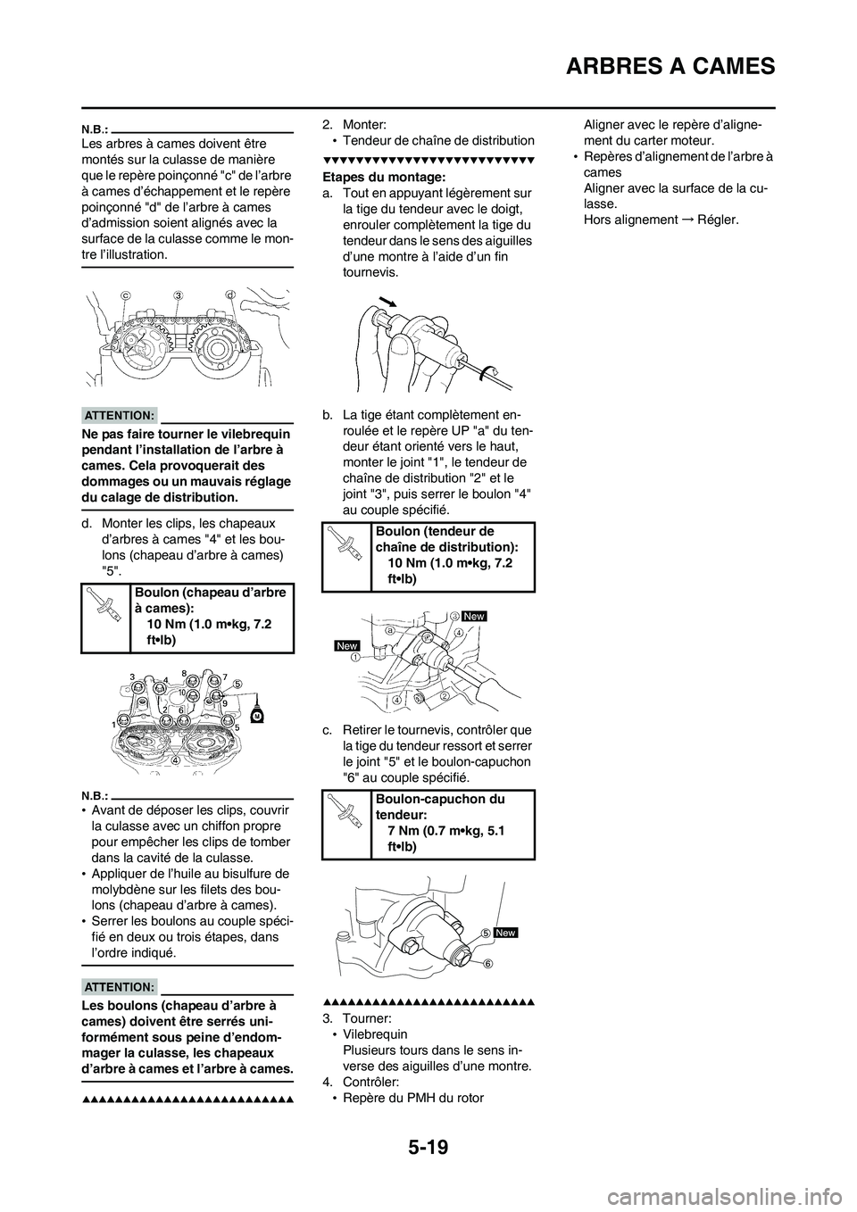 YAMAHA WR 450F 2008 Notices Demploi (in French) 5-19
ARBRES A CAMES
Les arbres à cames doivent être
montés sur la culasse de manière
que le repère poinçonné "c" de l’arbre
à cames d’échappement et le repère
poinçonné "d" de l’ YAMAHA WR 450F 2008 Notices Demploi (in French) 5-19
ARBRES A CAMES
Les arbres à cames doivent être
montés sur la culasse de manière
que le repère poinçonné "c" de l’arbre
à cames d’échappement et le repère
poinçonné "d" de l’