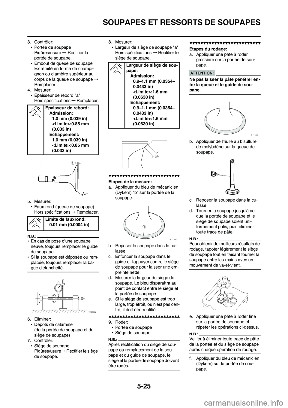 YAMAHA WR 450F 2008  Notices Demploi (in French) 5-25
SOUPAPES ET RESSORTS DE SOUPAPES
3. Contrôler:
•Portée de soupape
Piqûres/usure→Rectifier la 
portée de soupape.
•Embout de queue de soupape
Extrémité en forme de champi-
gnon ou diam