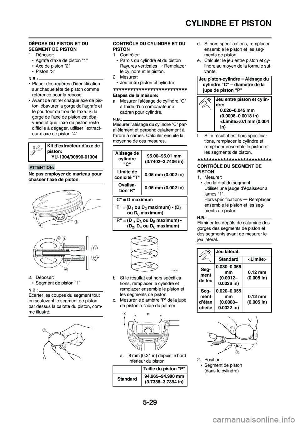 YAMAHA WR 450F 2008  Notices Demploi (in French) 5-29
CYLINDRE ET PISTON
DÉPOSE DU PISTON ET DU 
SEGMENT DE PISTON
1. Déposer:
•Agrafe d’axe de piston "1"
•Axe de piston "2"
•Piston "3"
•Placer des repères d’identification 
sur chaque