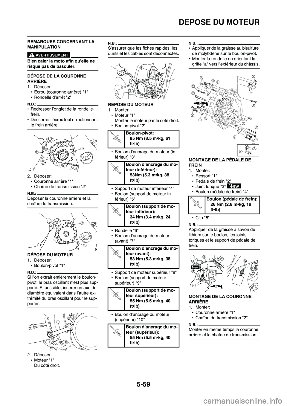 YAMAHA WR 450F 2008 Notices Demploi (in French) 5-59
DEPOSE DU MOTEUR
REMARQUES CONCERNANT LA
MANIPULATION
Bien caler la moto afin qu’elle ne
risque pas de basculer.
DÉPOSE DE LA COURONNE
ARRIÈRE
1. Déposer:
•Ecrou (couronne arrière) "1" YAMAHA WR 450F 2008 Notices Demploi (in French) 5-59
DEPOSE DU MOTEUR
REMARQUES CONCERNANT LA
MANIPULATION
Bien caler la moto afin qu’elle ne
risque pas de basculer.
DÉPOSE DE LA COURONNE
ARRIÈRE
1. Déposer:
•Ecrou (couronne arrière) "1"