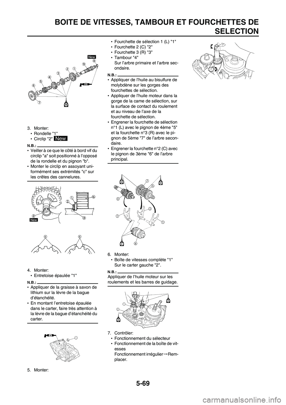 YAMAHA WR 450F 2008 Notices Demploi (in French) 5-69
BOITE DE VITESSES, TAMBOUR ET FOURCHETTES DE
SELECTION
3. Monter:
•Rondelle "1"
•Circlip "2"
•Veiller à ce que le côté à bord vif du
circlip "a" soit positionné à l’opposé
de la YAMAHA WR 450F 2008 Notices Demploi (in French) 5-69
BOITE DE VITESSES, TAMBOUR ET FOURCHETTES DE
SELECTION
3. Monter:
•Rondelle "1"
•Circlip "2"
•Veiller à ce que le côté à bord vif du
circlip "a" soit positionné à l’opposé
de la