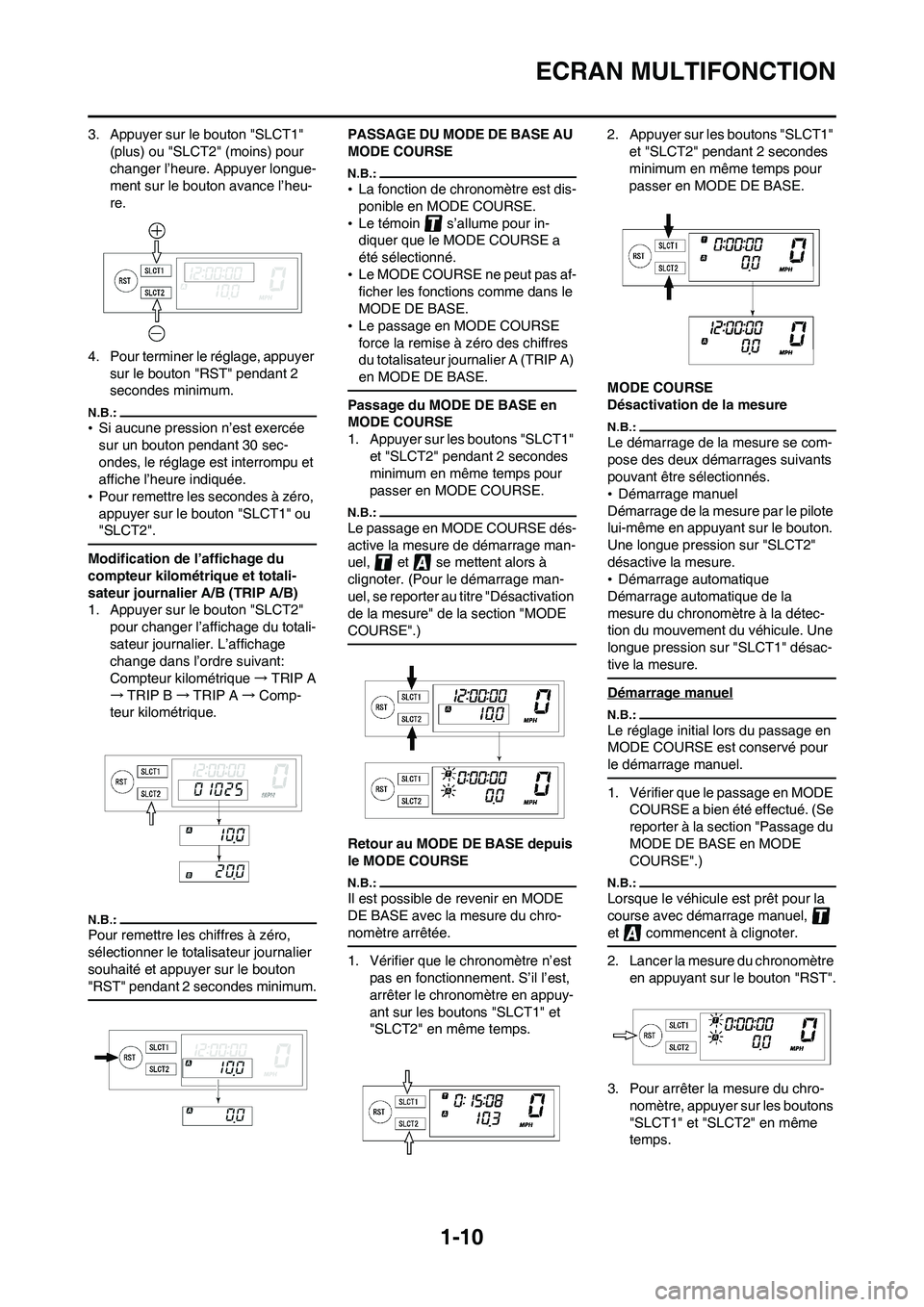 YAMAHA WR 450F 2008 Notices Demploi (in French) 1-10
ECRAN MULTIFONCTION
3. Appuyer sur le bouton "SLCT1"
(plus) ou "SLCT2" (moins) pour
changer l’heure. Appuyer longue-
ment sur le bouton avance l’heu-
re.
4. Pour terminer le réglage, appuy YAMAHA WR 450F 2008 Notices Demploi (in French) 1-10
ECRAN MULTIFONCTION
3. Appuyer sur le bouton "SLCT1"
(plus) ou "SLCT2" (moins) pour
changer l’heure. Appuyer longue-
ment sur le bouton avance l’heu-
re.
4. Pour terminer le réglage, appuy