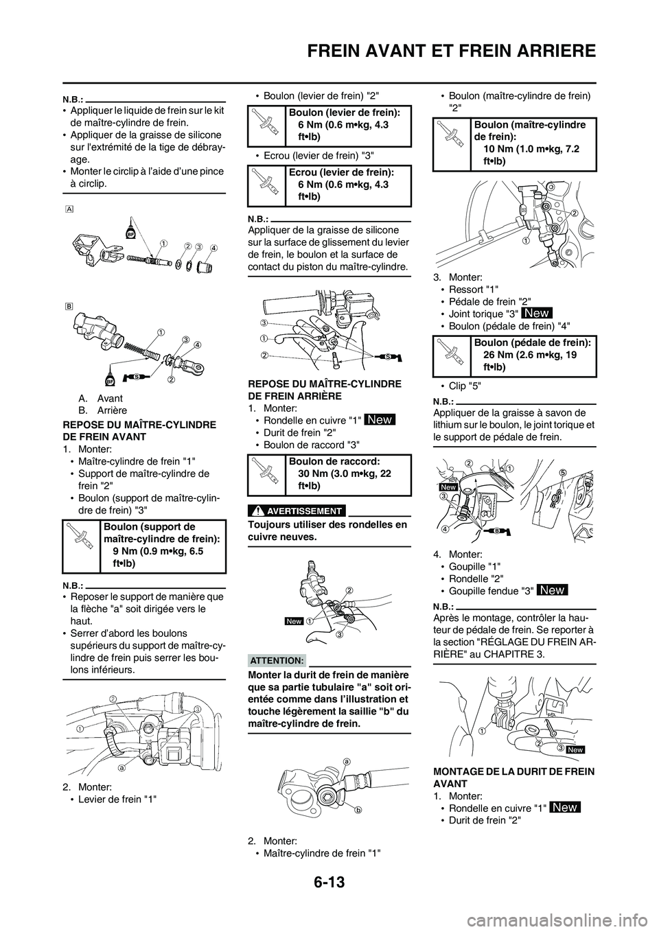 YAMAHA WR 450F 2008 Notices Demploi (in French) 6-13
FREIN AVANT ET FREIN ARRIERE
•Appliquer le liquide de frein sur le kit
de maître-cylindre de frein.
•Appliquer de la graisse de silicone
sur lextrémité de la tige de débray-
age.
•Mo YAMAHA WR 450F 2008 Notices Demploi (in French) 6-13
FREIN AVANT ET FREIN ARRIERE
•Appliquer le liquide de frein sur le kit
de maître-cylindre de frein.
•Appliquer de la graisse de silicone
sur lextrémité de la tige de débray-
age.
•Mo